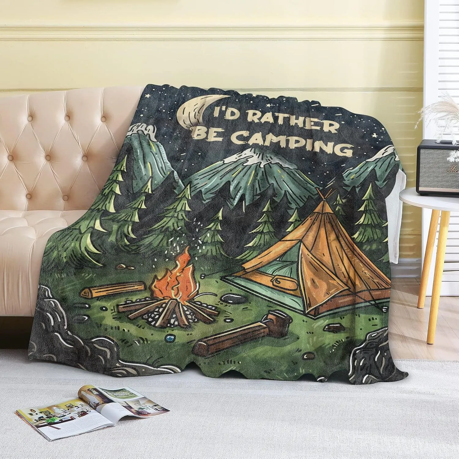 Camping Fleece Blanket - 50x60in Nighttime Forest Campfire and Tent Throw Blankets,Soft Cozy Lightweight, Ideal for Living Room Home Rustic Decor and Kids Women Girls Spring Gifts