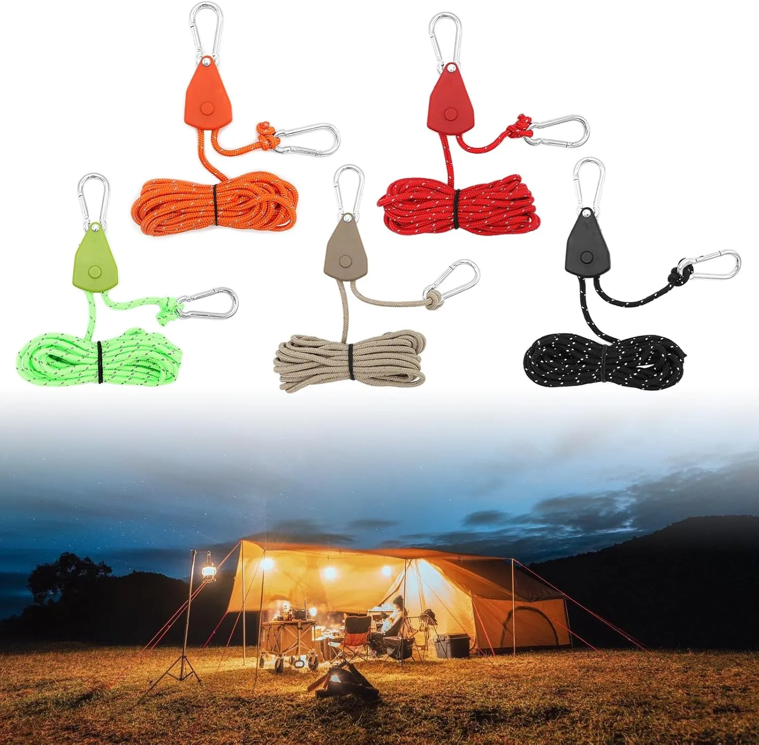 Camping Rope with Ratchets Pulley Quick Setups Outdoor Guy Line Adjusted Tent Tie Downs Rope Hangers for Canopy Kayak