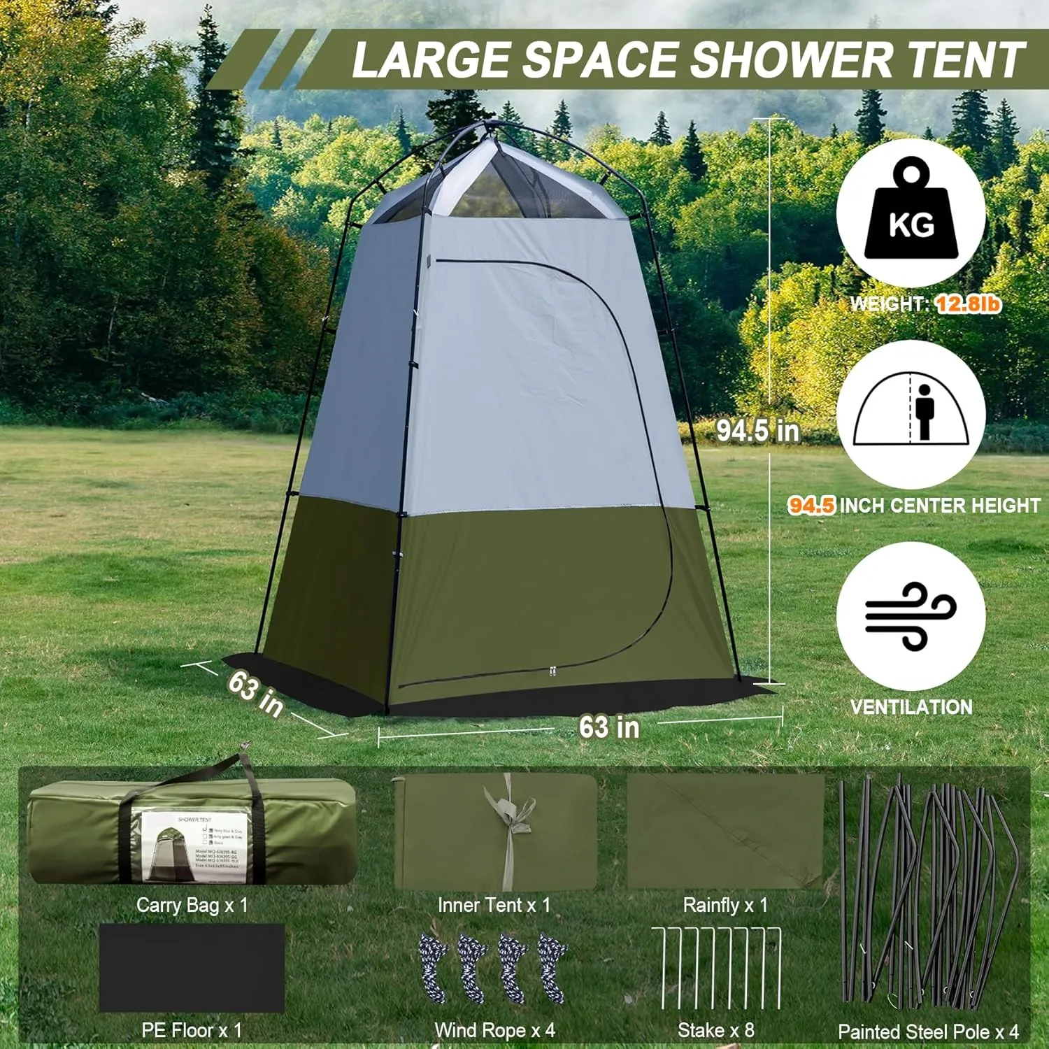 Camping Shower Tent, Oversize Pop Up Changing Tent, Portable Outdoor Bathroom Toilet Tent with Floor, Easy Set Up Privacy Shelter for Dressing, Hiking, Fishing, UPF50 