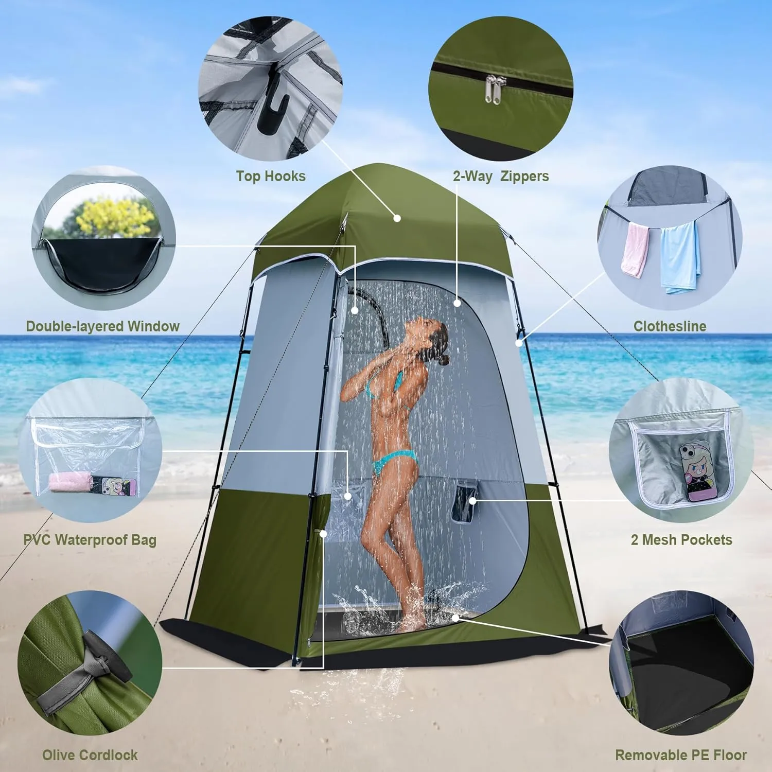 Camping Shower Tent, Oversize Pop Up Changing Tent, Portable Outdoor Bathroom Toilet Tent with Floor, Easy Set Up Privacy Shelter for Dressing, Hiking, Fishing, UPF50 