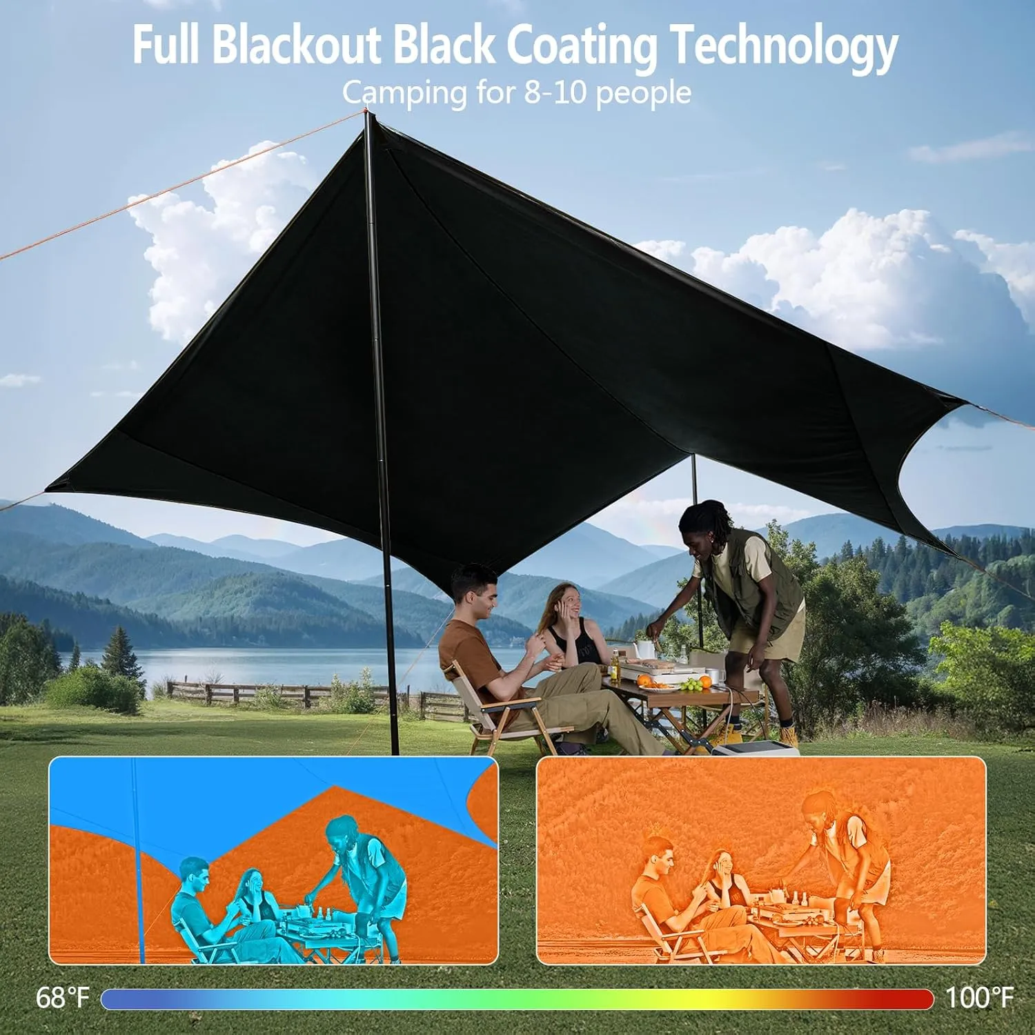 Camping Tarp with Poles & Retainer,15x12.5FT Large Waterproof 210D Oxford Cloth Camping Canopy, UV Blocking Rate 99.99% Tent Tarp Car Awning for Outdoor, Picnic, Hammock, Car, Backpacking(Green-Black)