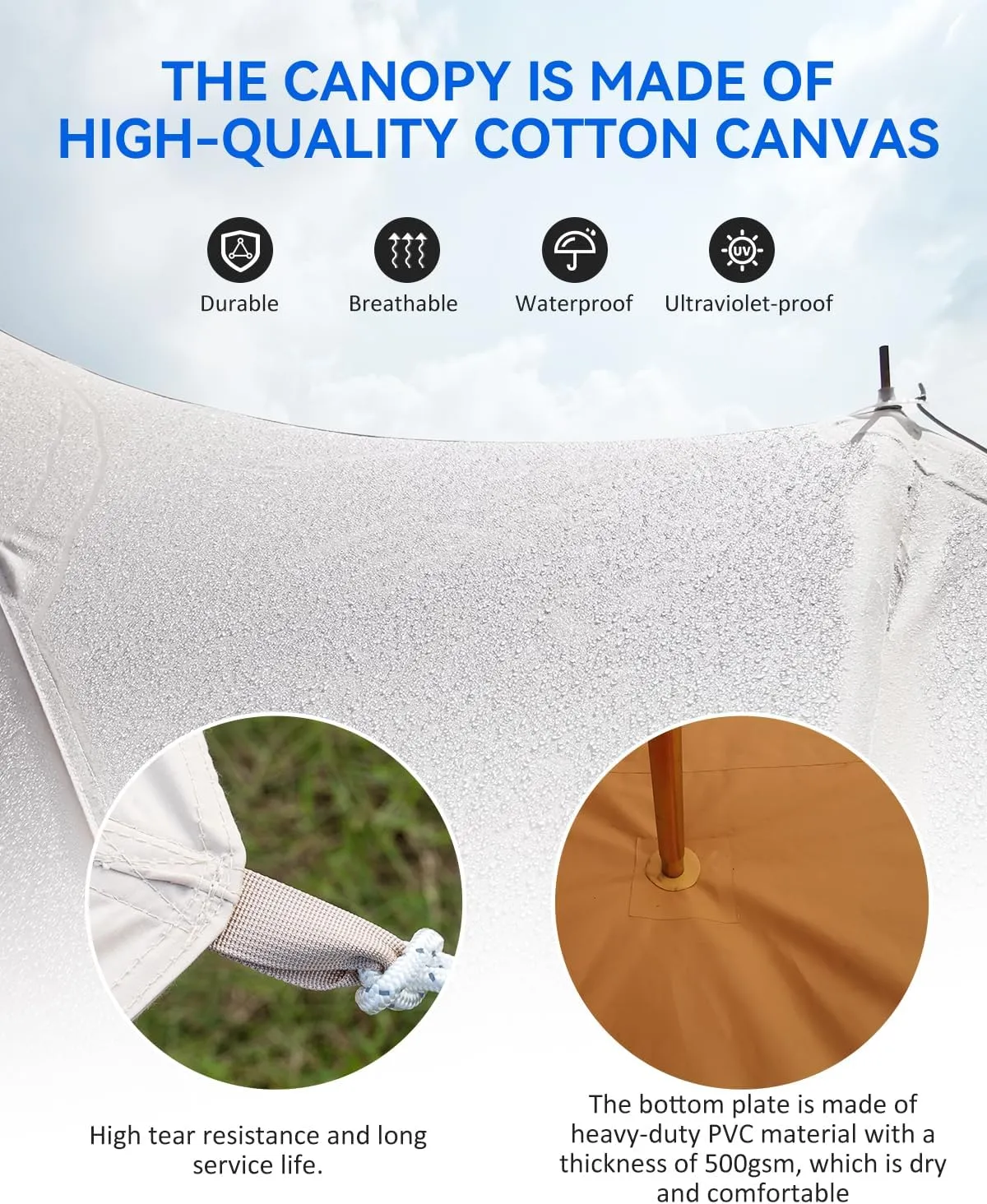 Canvas Bell Tent, 4 Seasons Yurt Tent with 2 Stove Jack, 4 Mesh Zippers Windows, Breathable Waterproof Tent Suitable for 4-12 People, Family Camping Outdoor Party