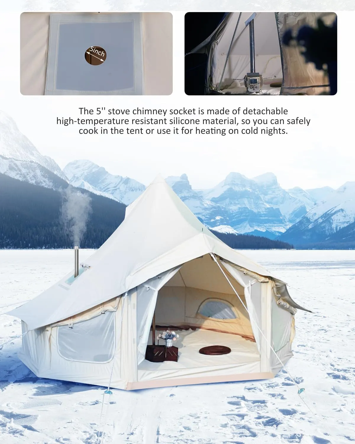 Canvas Bell Tent, 4 Seasons Yurt Tent with 2 Stove Jack, 4 Mesh Zippers Windows, Breathable Waterproof Tent Suitable for 4-12 People, Family Camping Outdoor Party