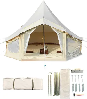Canvas Bell Tent, 4 Seasons Yurt Tent with 2 Stove Jack, 4 Mesh Zippers Windows, Breathable Waterproof Tent Suitable for 4-12 People, Family Camping Outdoor Party
