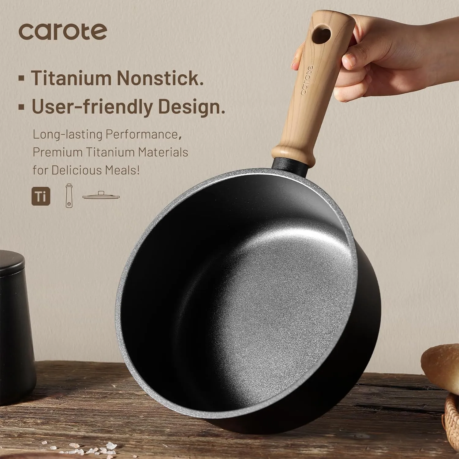 CAROTE Nonstick Sauce Pan with Lid 2.0Qt & 2.5Qt Sauce Pots with Steamer Basket/Utensil Sets, Titanium Induction Cooking Pot with Stay-Cool Handle, Black