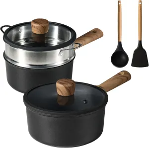 CAROTE Nonstick Sauce Pan with Lid 2.0Qt & 2.5Qt Sauce Pots with Steamer Basket/Utensil Sets, Titanium Induction Cooking Pot with Stay-Cool Handle, Black