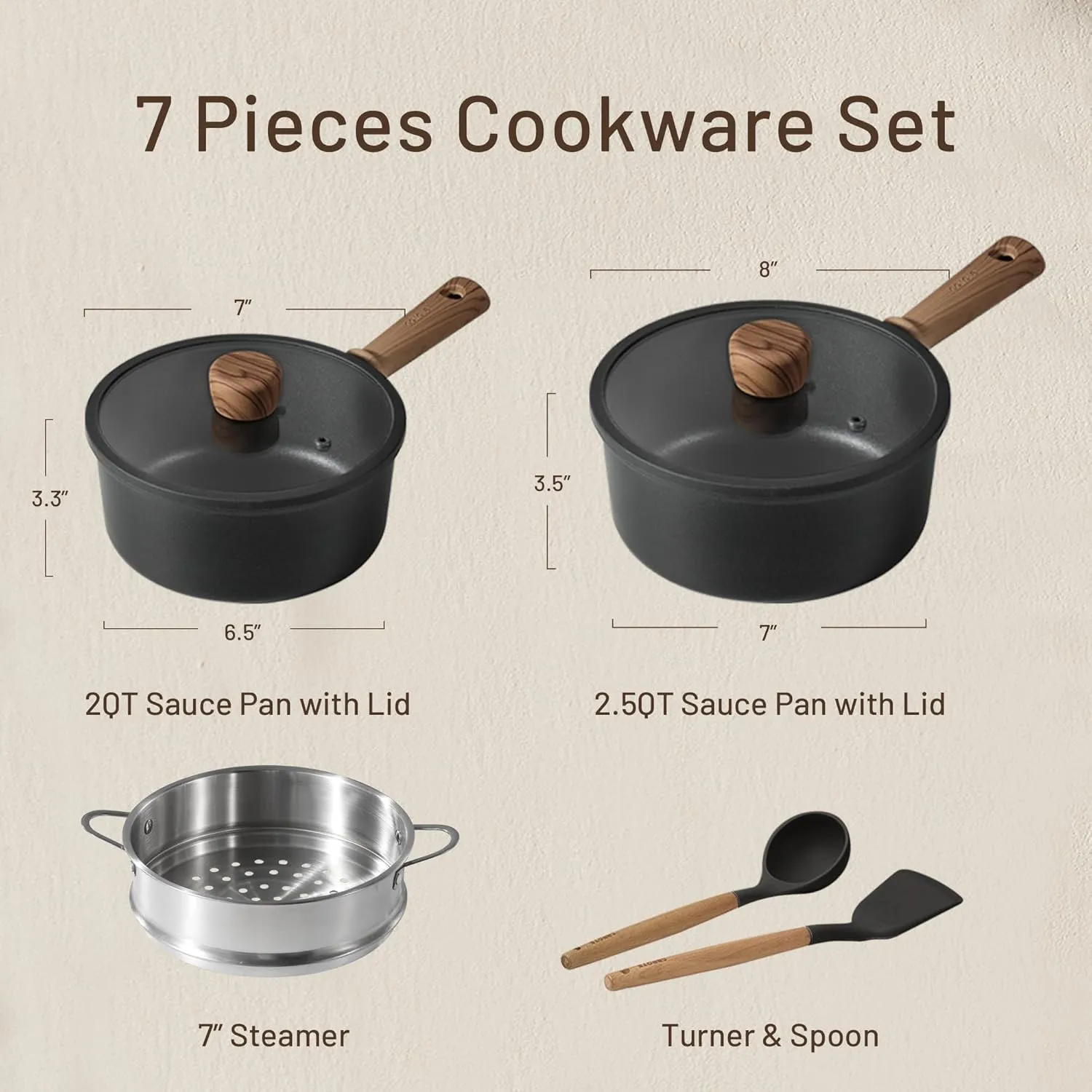 CAROTE Nonstick Sauce Pan with Lid 2.0Qt & 2.5Qt Sauce Pots with Steamer Basket/Utensil Sets, Titanium Induction Cooking Pot with Stay-Cool Handle, Black