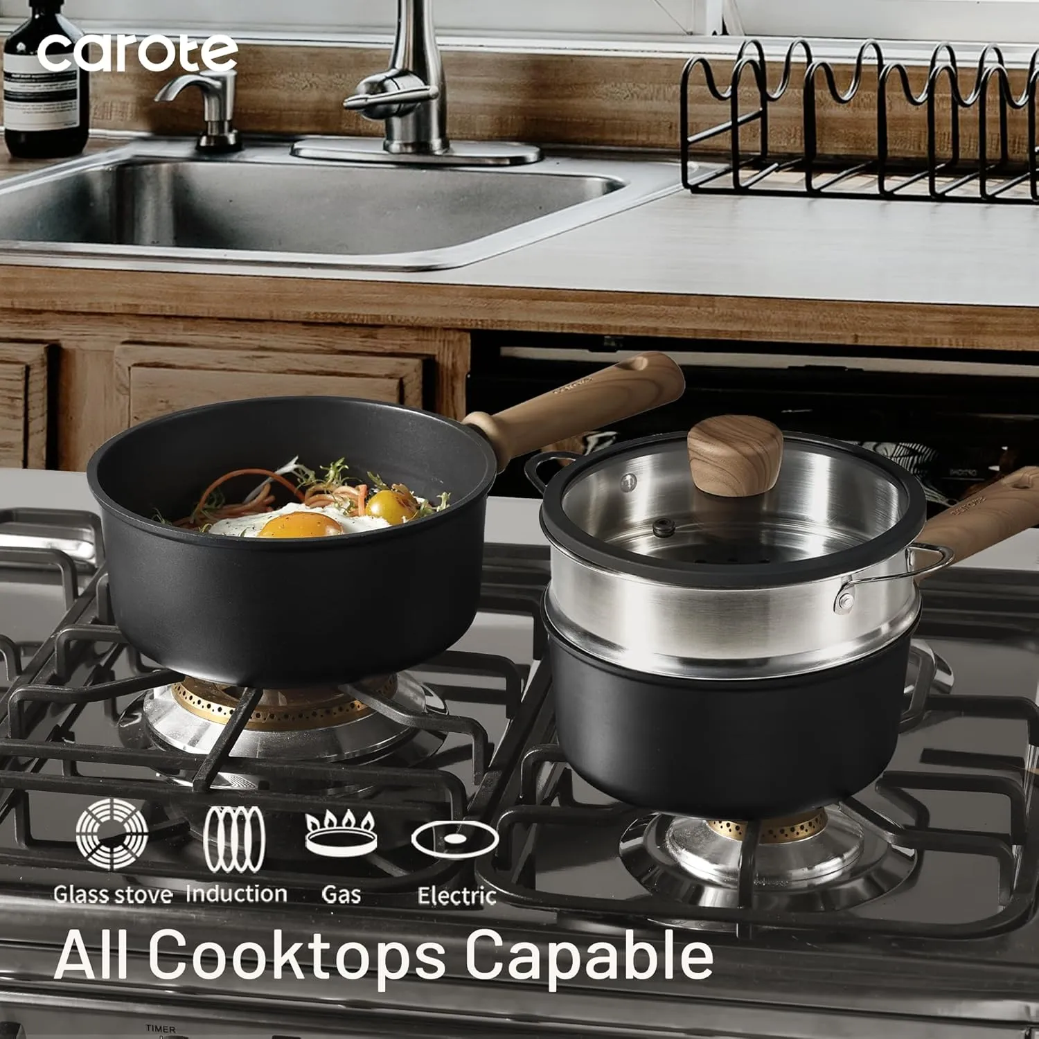 CAROTE Nonstick Sauce Pan with Lid 2.0Qt & 2.5Qt Sauce Pots with Steamer Basket/Utensil Sets, Titanium Induction Cooking Pot with Stay-Cool Handle, Black