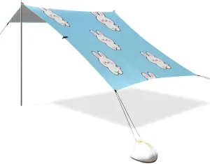 Cartoon Cute White Rabbit Designed UPF50  Foldable Beach Tent Water-Resistant Large Sun Shelter Includes Sand Shovel, Sandbags, Stability Poles for Backyard, Grassland, Park carpas para Playa