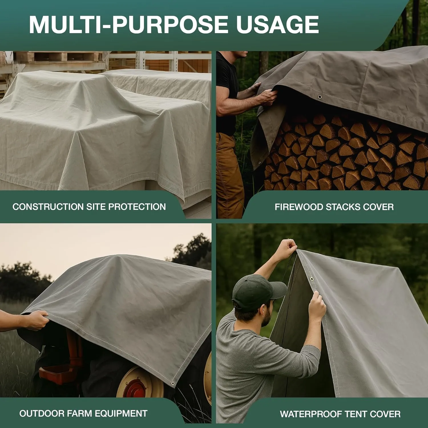 CCS Waterproof Canvas Tarp Cover – Heavy Duty Duck Cloth, Waxed Canvas Tarpaulin with Rustproof Brass Grommets for Camping, Construction, Equipment & Outdoor Use (Grey, 8x12 Ft)