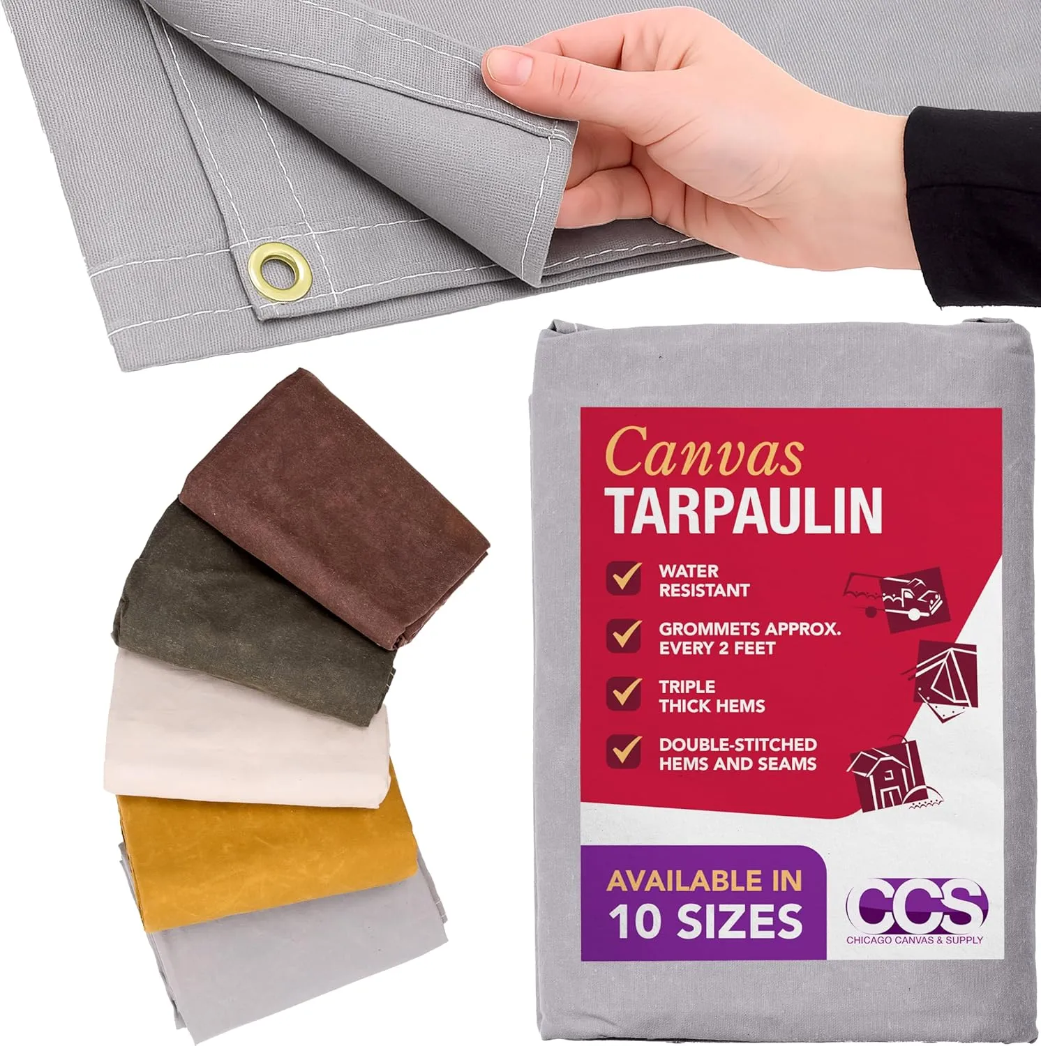 CCS Waterproof Canvas Tarp Cover – Heavy Duty Duck Cloth, Waxed Canvas Tarpaulin with Rustproof Brass Grommets for Camping, Construction, Equipment & Outdoor Use (Grey, 8x12 Ft)