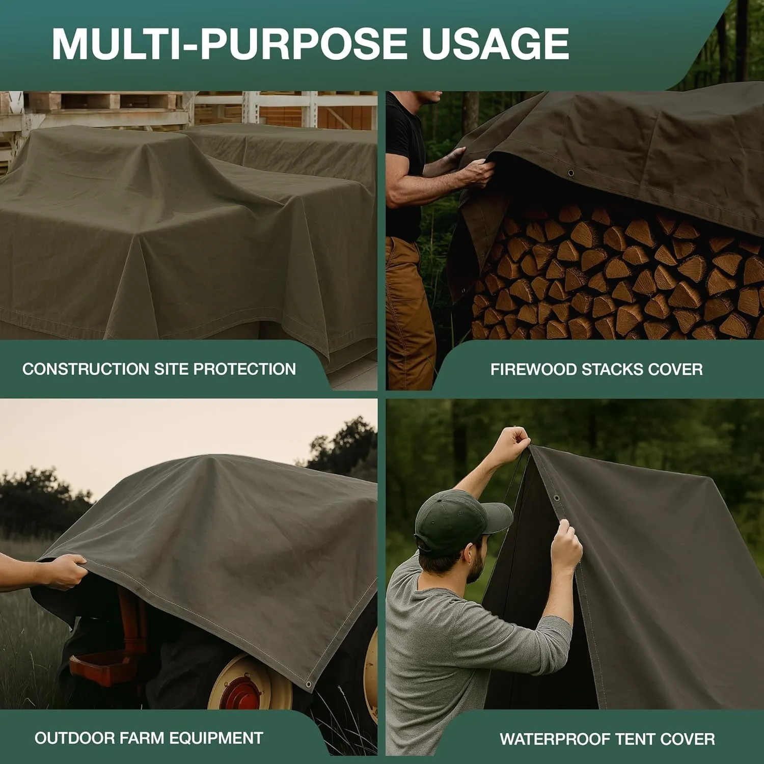 CCS Waterproof Canvas Tarp Cover – Heavy Duty Duck Cloth, Waxed Canvas Tarpaulin with Rustproof Brass Grommets for Camping, Construction, Equipment & Outdoor Use (Olive Drab, 6x8 Ft)