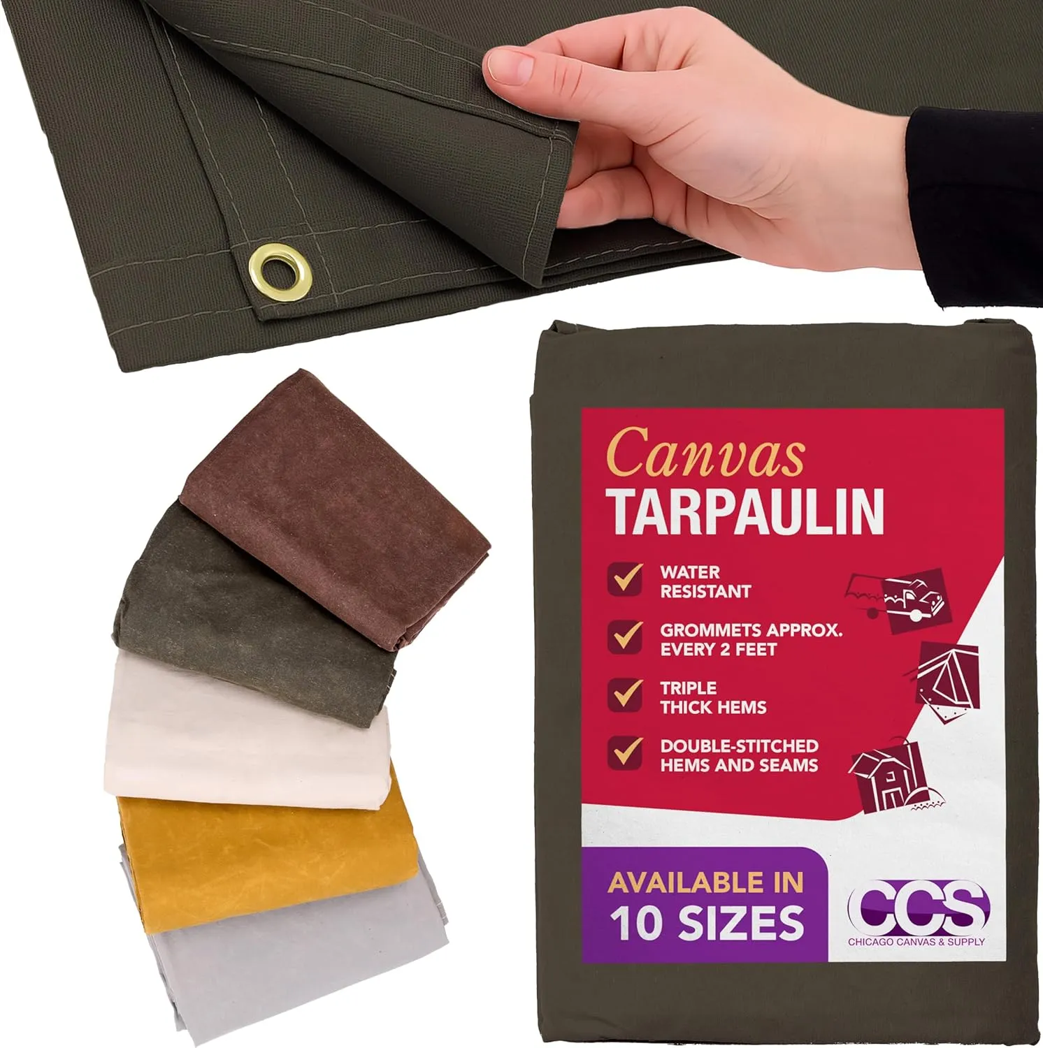 CCS Waterproof Canvas Tarp Cover – Heavy Duty Duck Cloth, Waxed Canvas Tarpaulin with Rustproof Brass Grommets for Camping, Construction, Equipment & Outdoor Use (Olive Drab, 6x8 Ft)