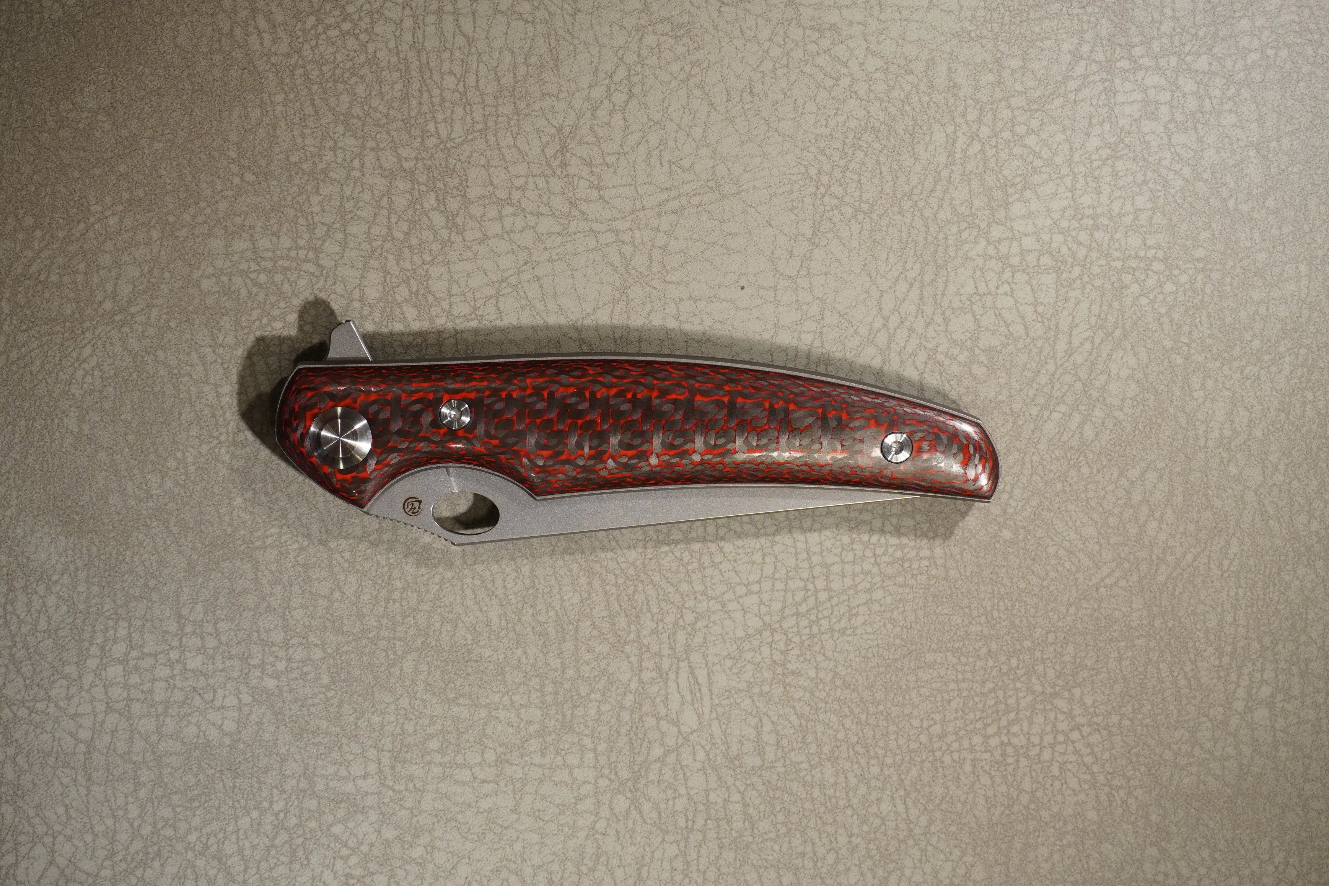 Cheburkov Knife Crow Carbon Both Sides, Steel Elmax, Handle Red and Black Carbon Gray Anodized Titanium