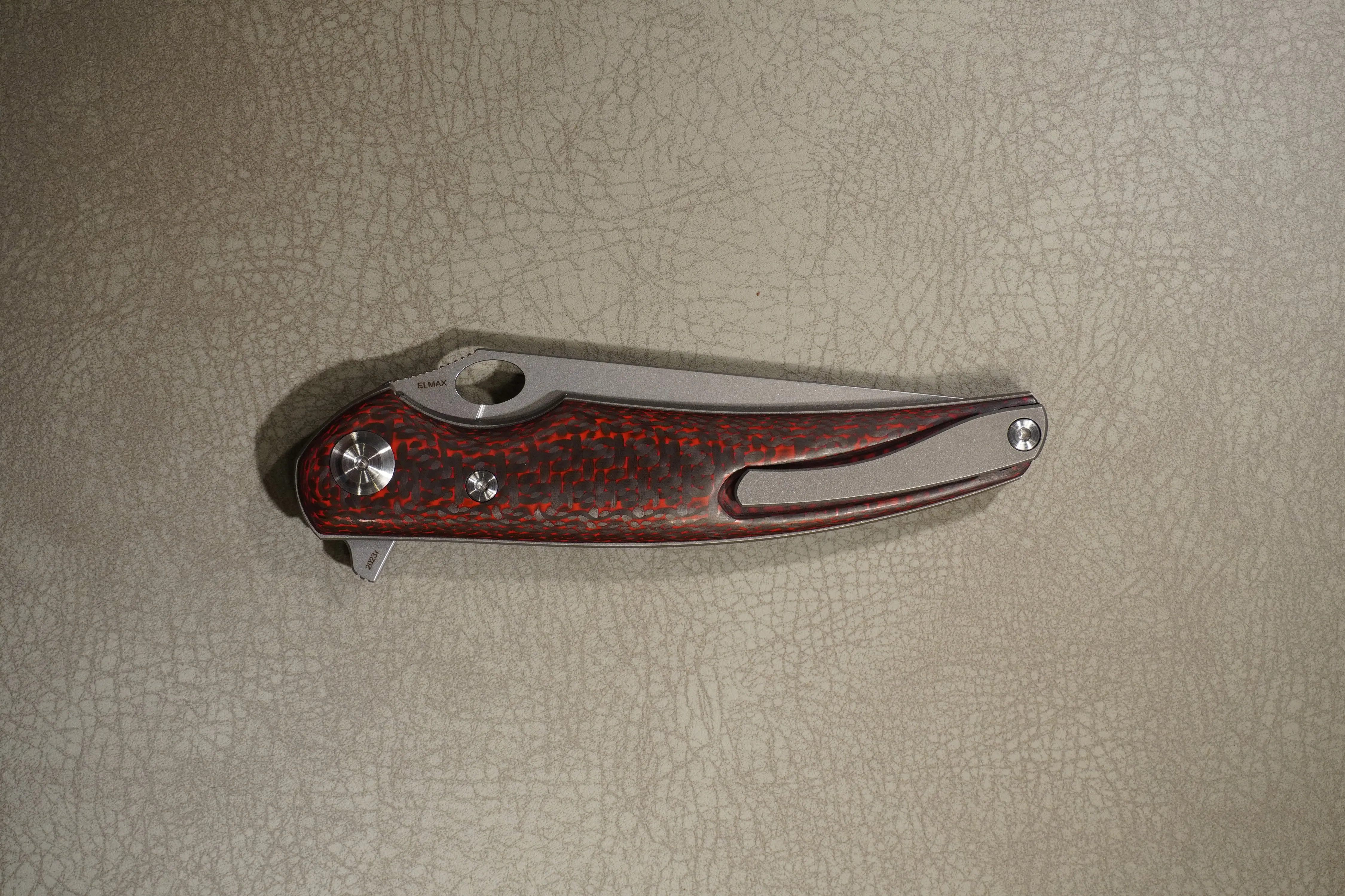 Cheburkov Knife Crow Carbon Both Sides, Steel Elmax, Handle Red and Black Carbon Gray Anodized Titanium