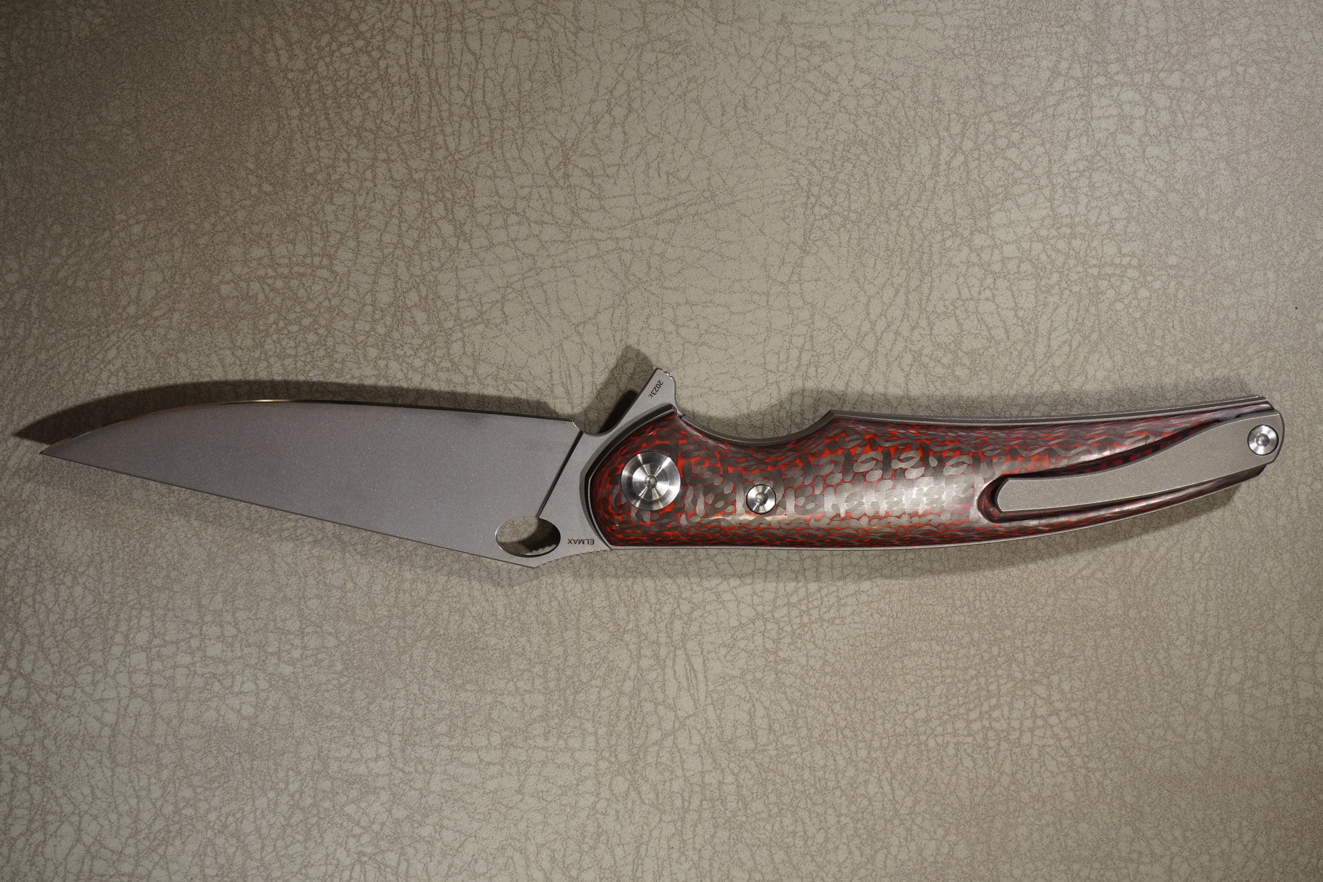 Cheburkov Knife Crow Carbon Both Sides, Steel Elmax, Handle Red and Black Carbon Gray Anodized Titanium