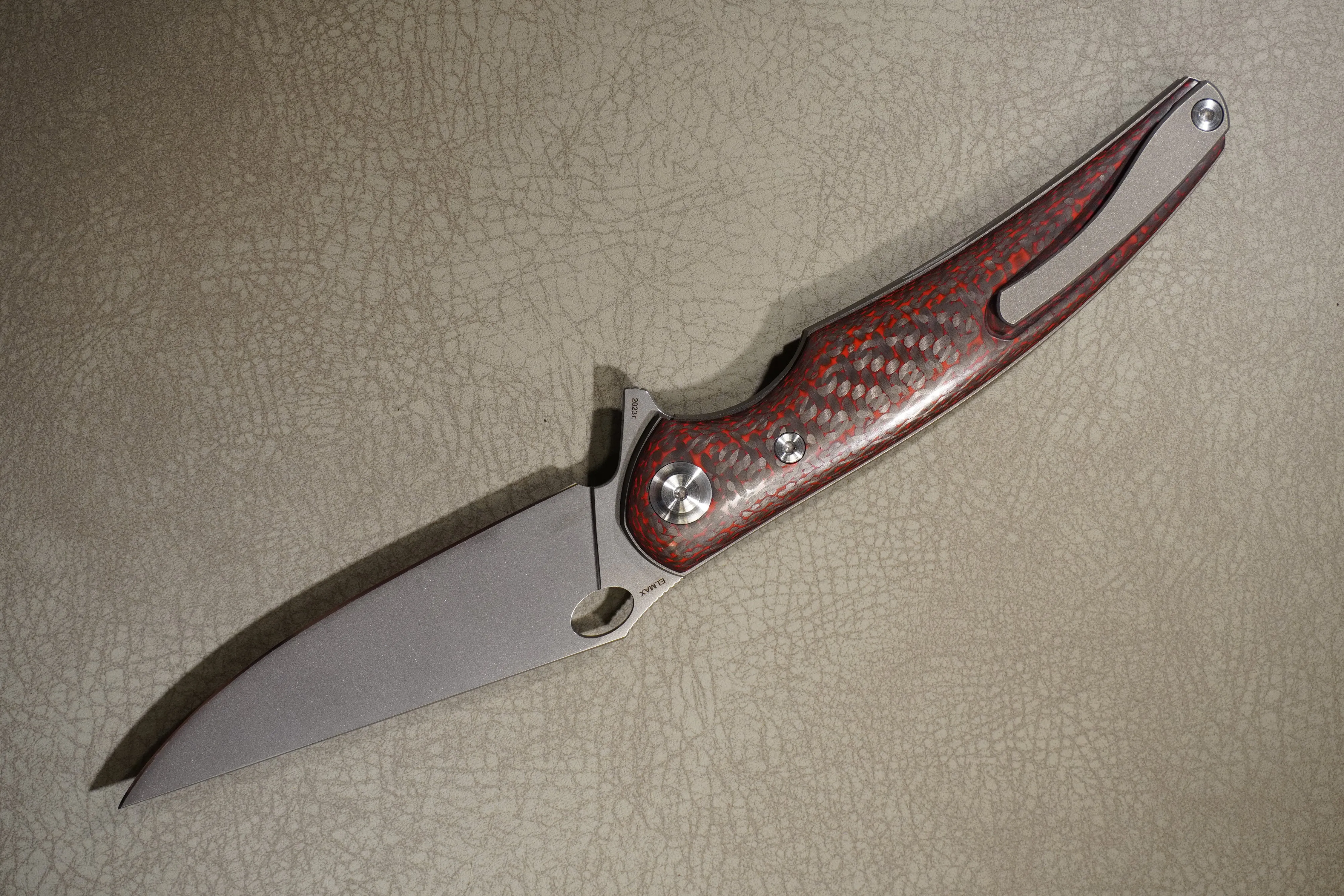 Cheburkov Knife Crow Carbon Both Sides, Steel Elmax, Handle Red and Black Carbon Gray Anodized Titanium