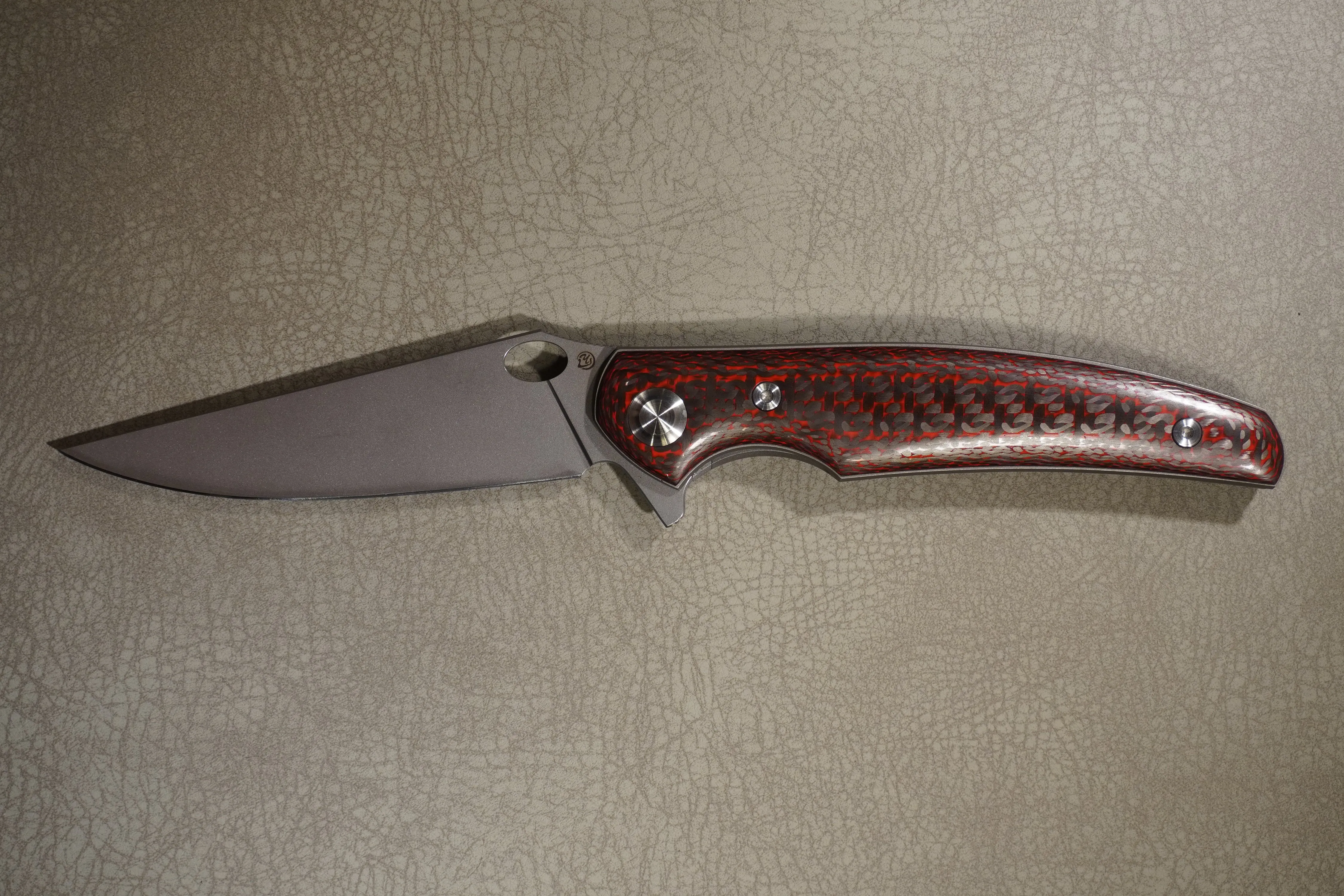 Cheburkov Knife Crow Carbon Both Sides, Steel Elmax, Handle Red and Black Carbon Gray Anodized Titanium