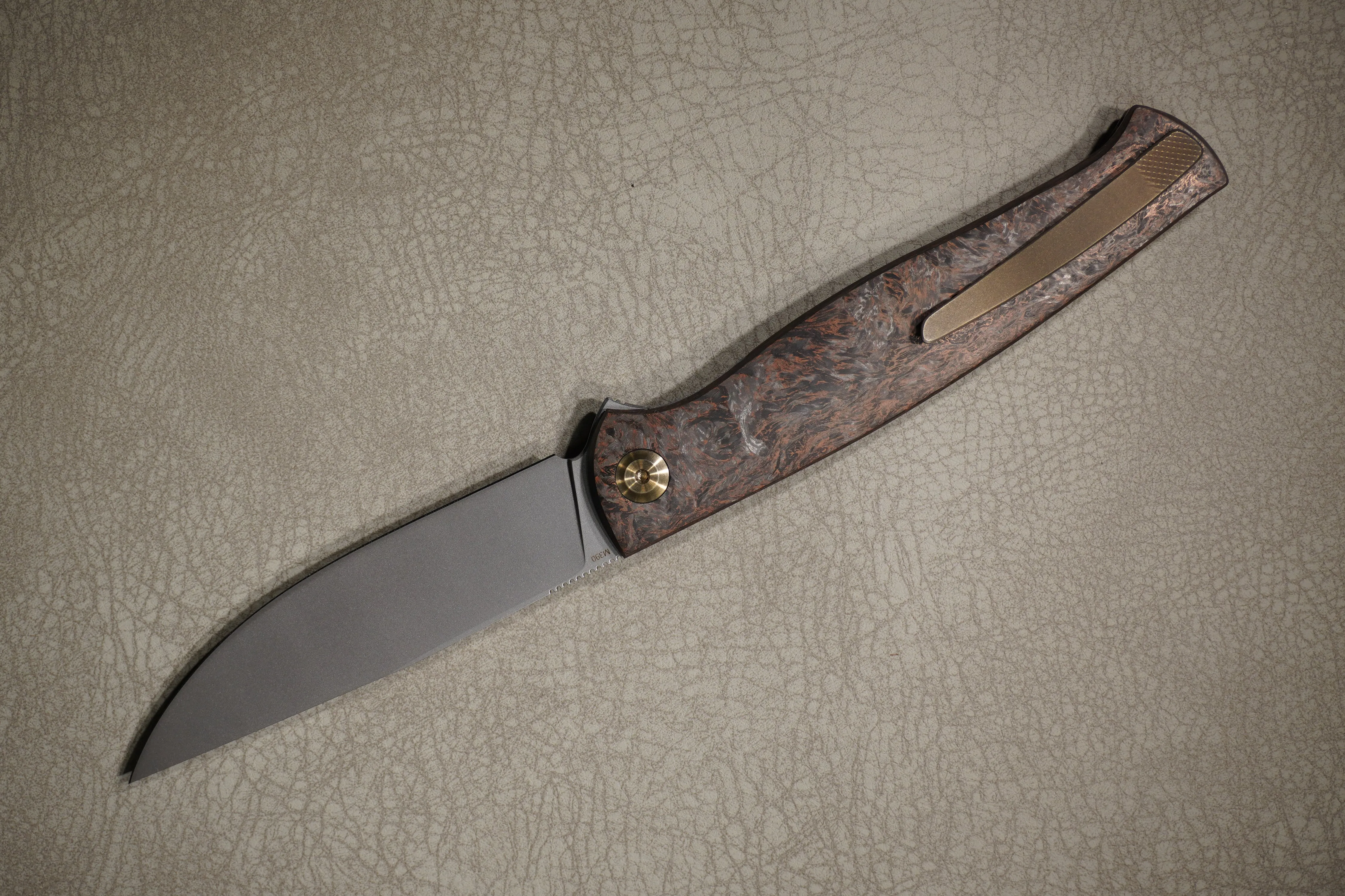 Cheburkov Knife Leader Light New, Steel M390, Handle Marble Carbon with Bronze Powder, Bronze Titanium