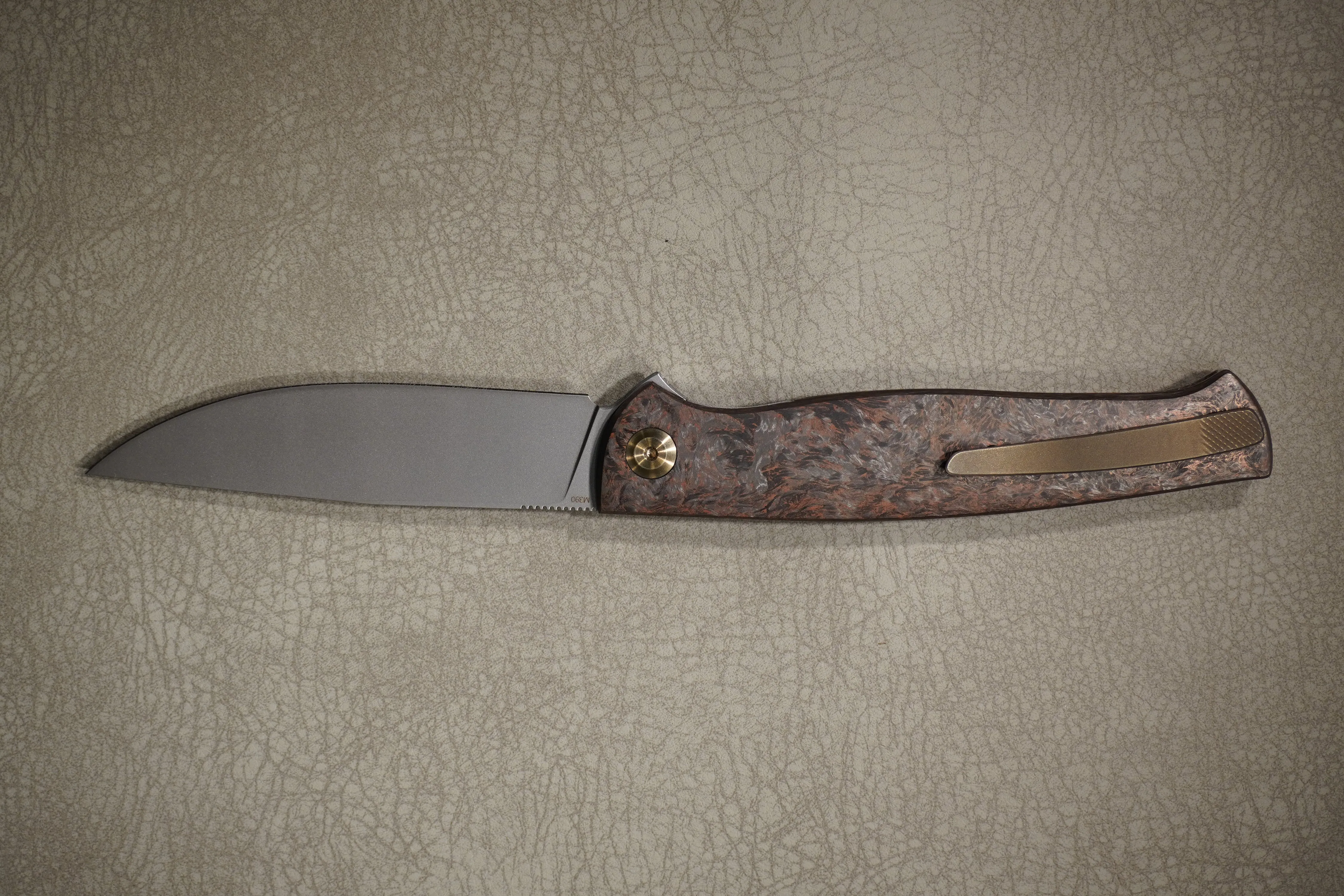Cheburkov Knife Leader Light New, Steel M390, Handle Marble Carbon with Bronze Powder, Bronze Titanium