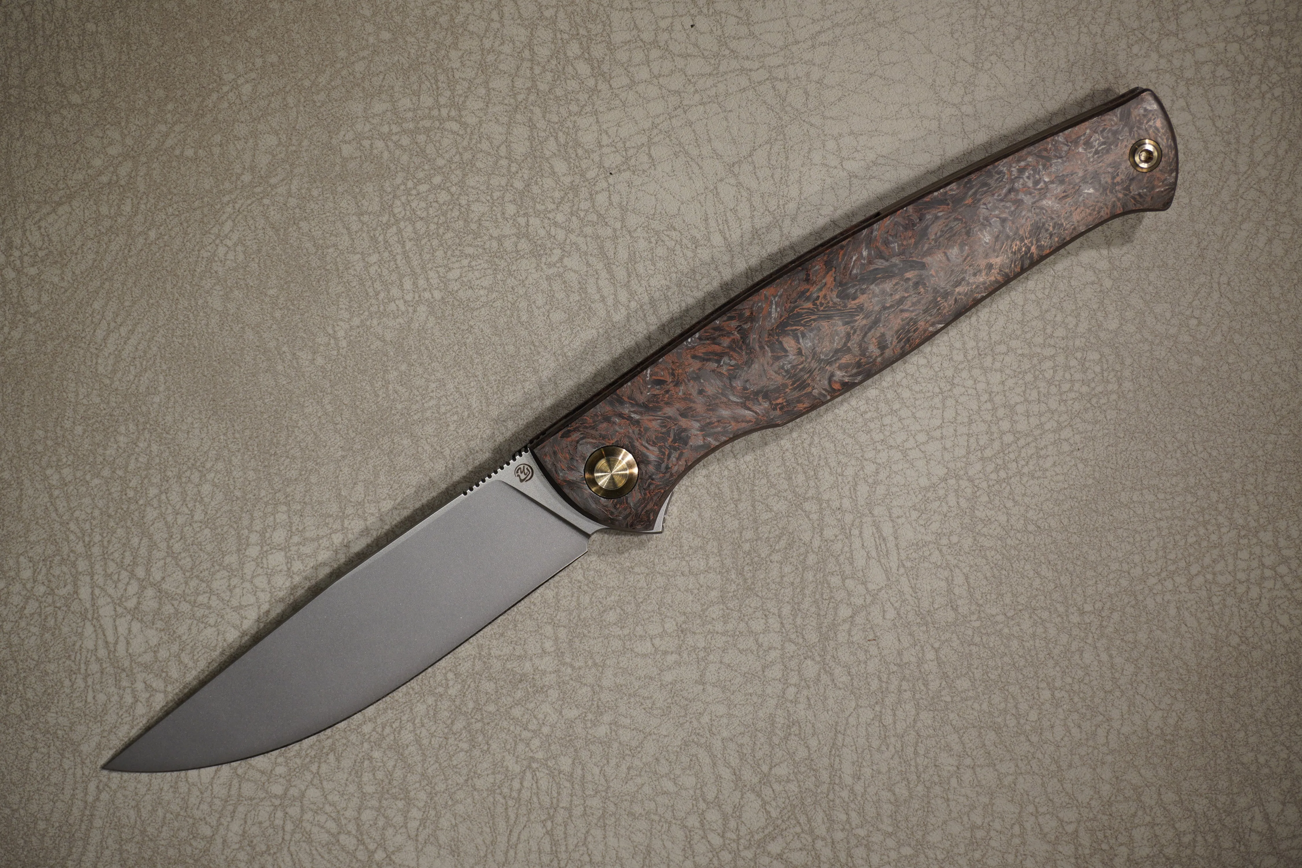 Cheburkov Knife Leader Light New, Steel M390, Handle Marble Carbon with Bronze Powder, Bronze Titanium