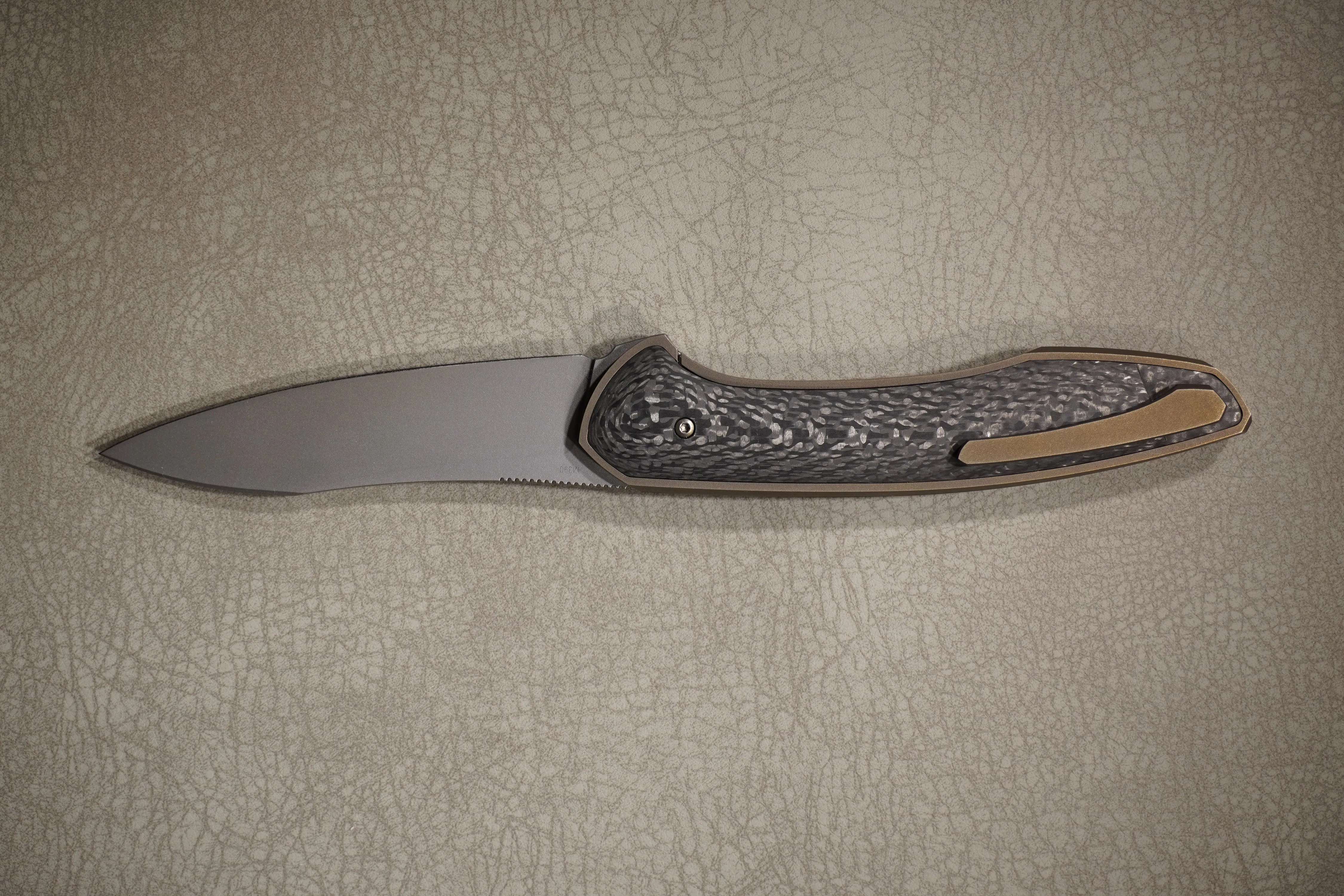 Cheburkov Knife Russian with Insert, Steel M390, Handle Black Carbon, Bronze Anodized Titanium
