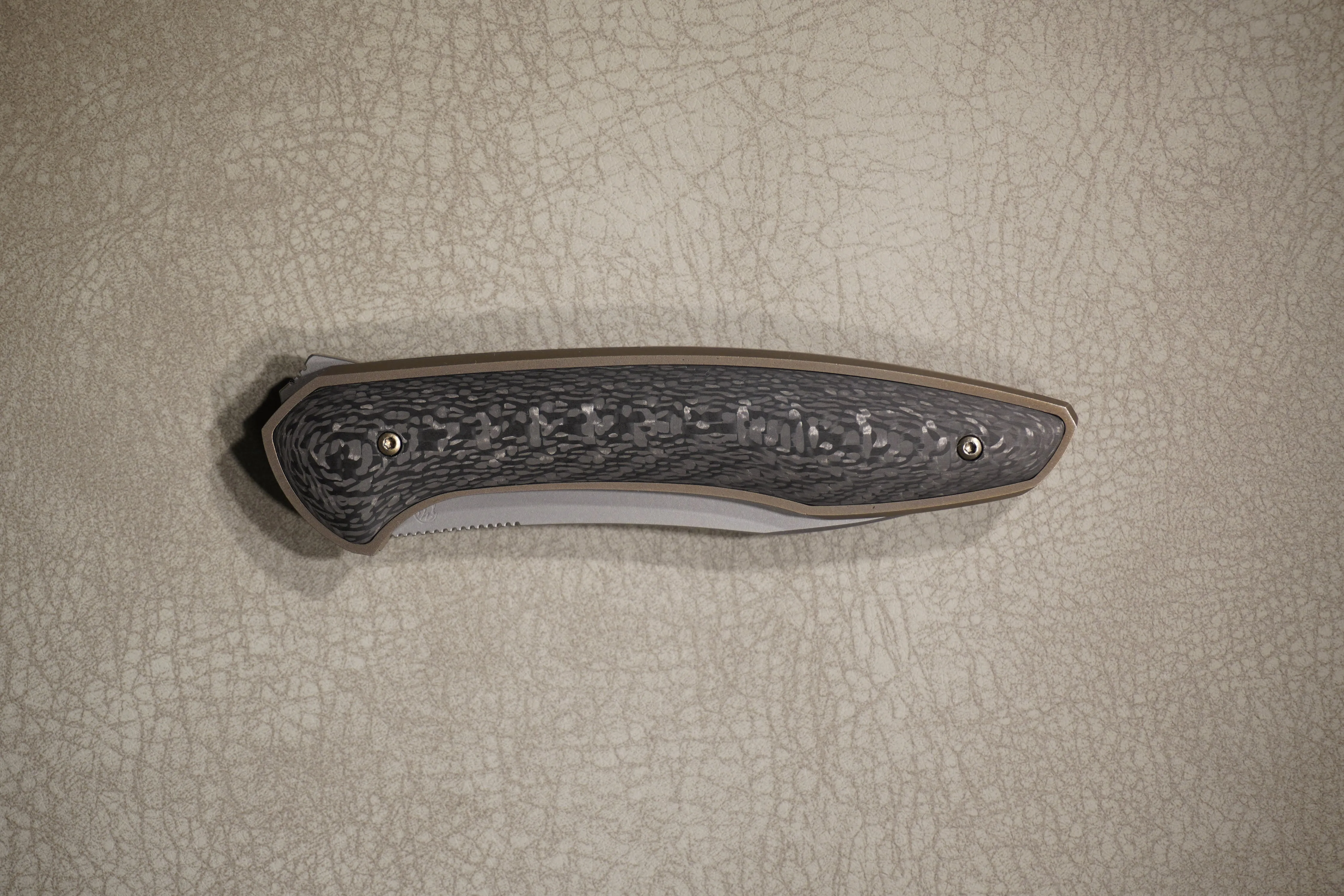 Cheburkov Knife Russian with Insert, Steel M390, Handle Black Carbon, Bronze Anodized Titanium
