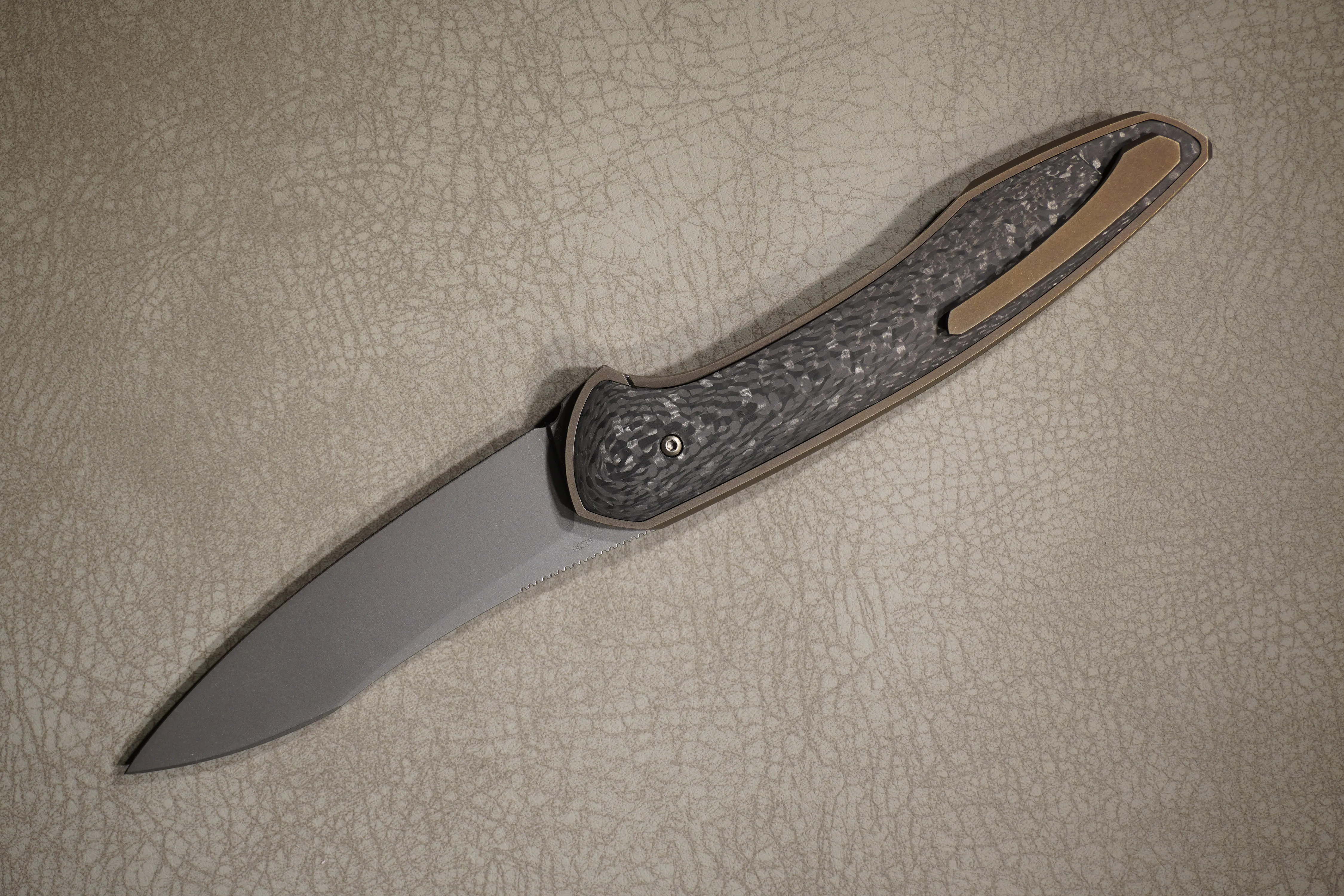 Cheburkov Knife Russian with Insert, Steel M390, Handle Black Carbon, Bronze Anodized Titanium