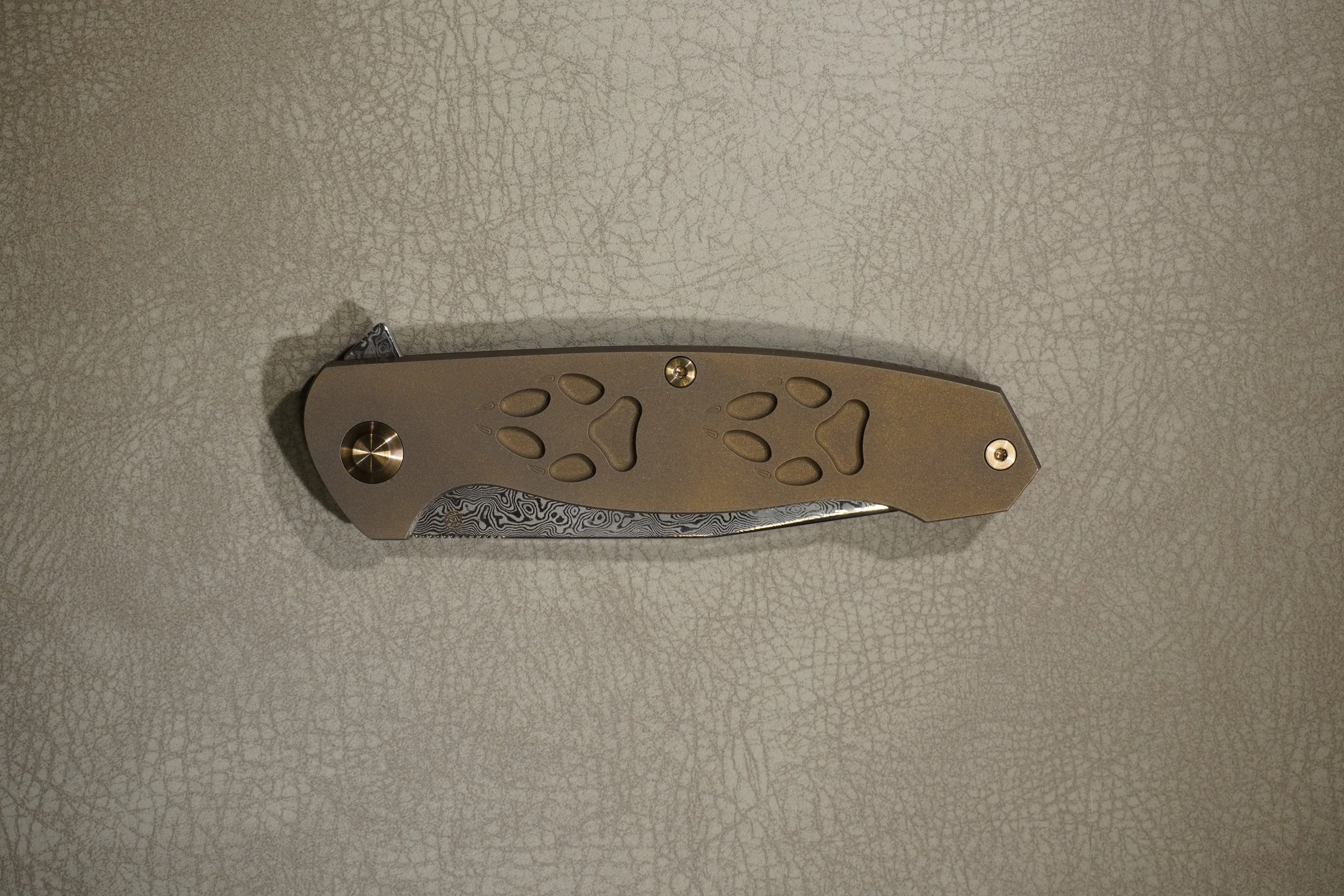 Cheburkov Knife Wolf, Paws, Steel Damascus, Handle Bronze Anodized Titanium