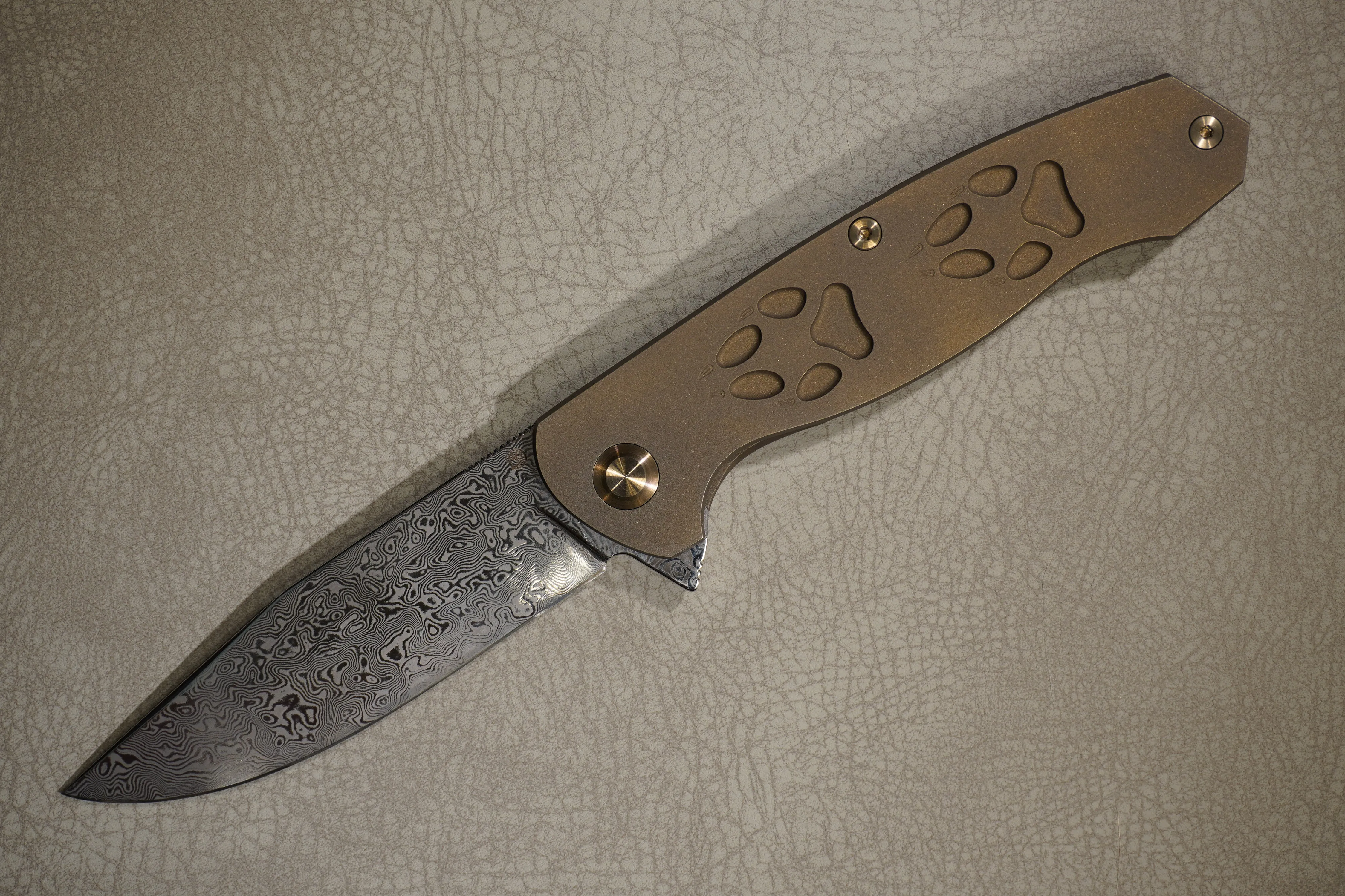 Cheburkov Knife Wolf, Paws, Steel Damascus, Handle Bronze Anodized Titanium