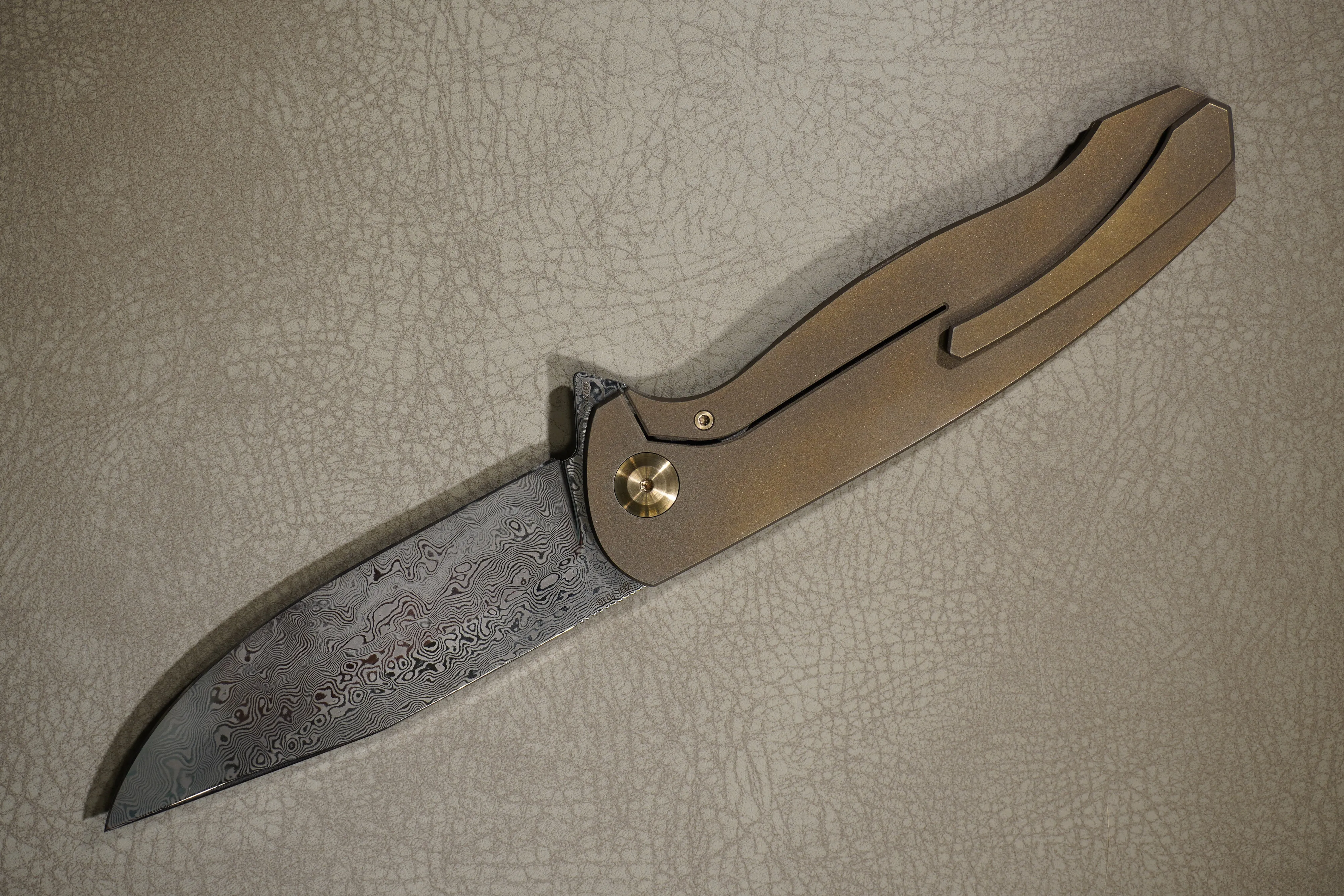 Cheburkov Knife Wolf, Paws, Steel Damascus, Handle Bronze Anodized Titanium