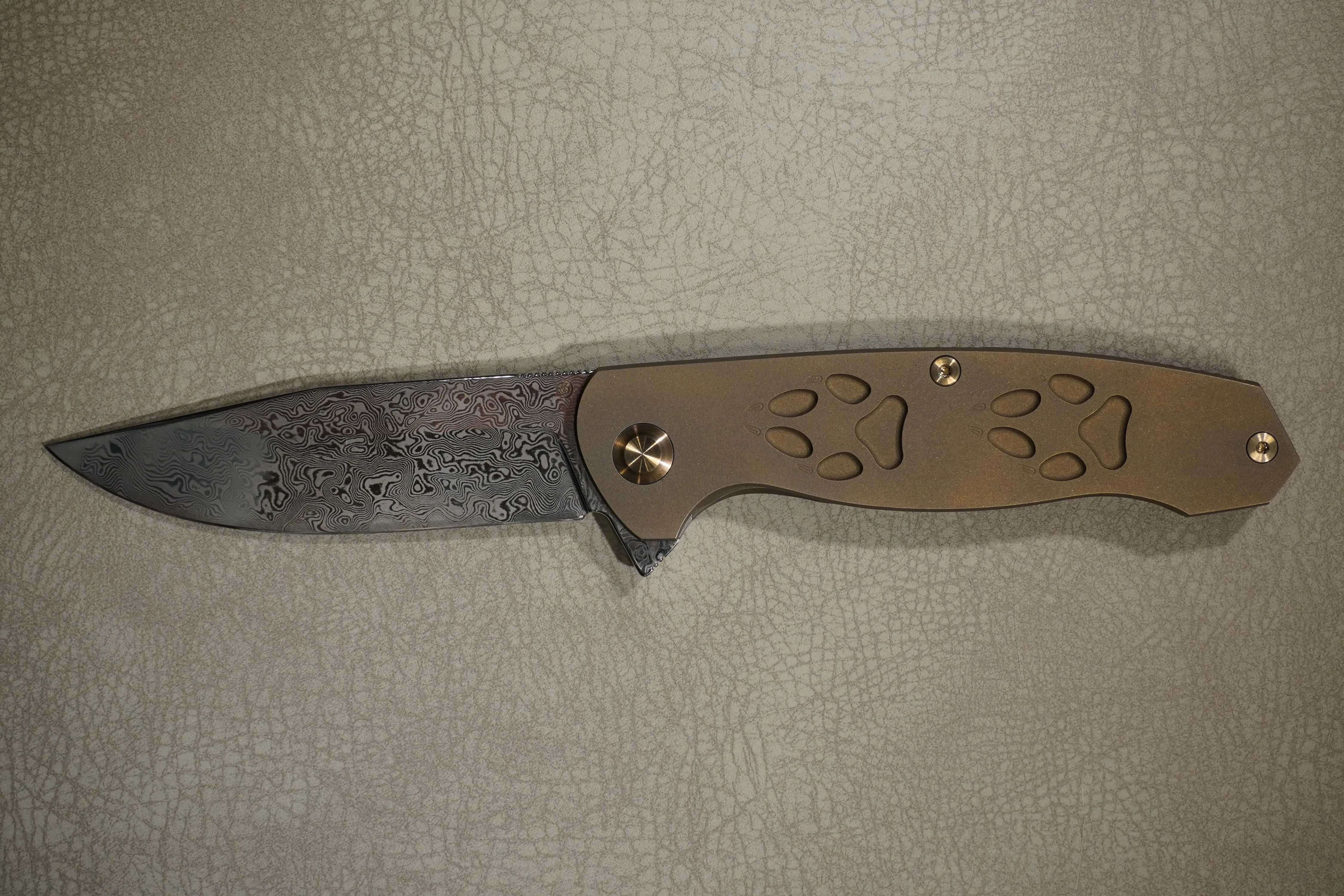 Cheburkov Knife Wolf, Paws, Steel Damascus, Handle Bronze Anodized Titanium