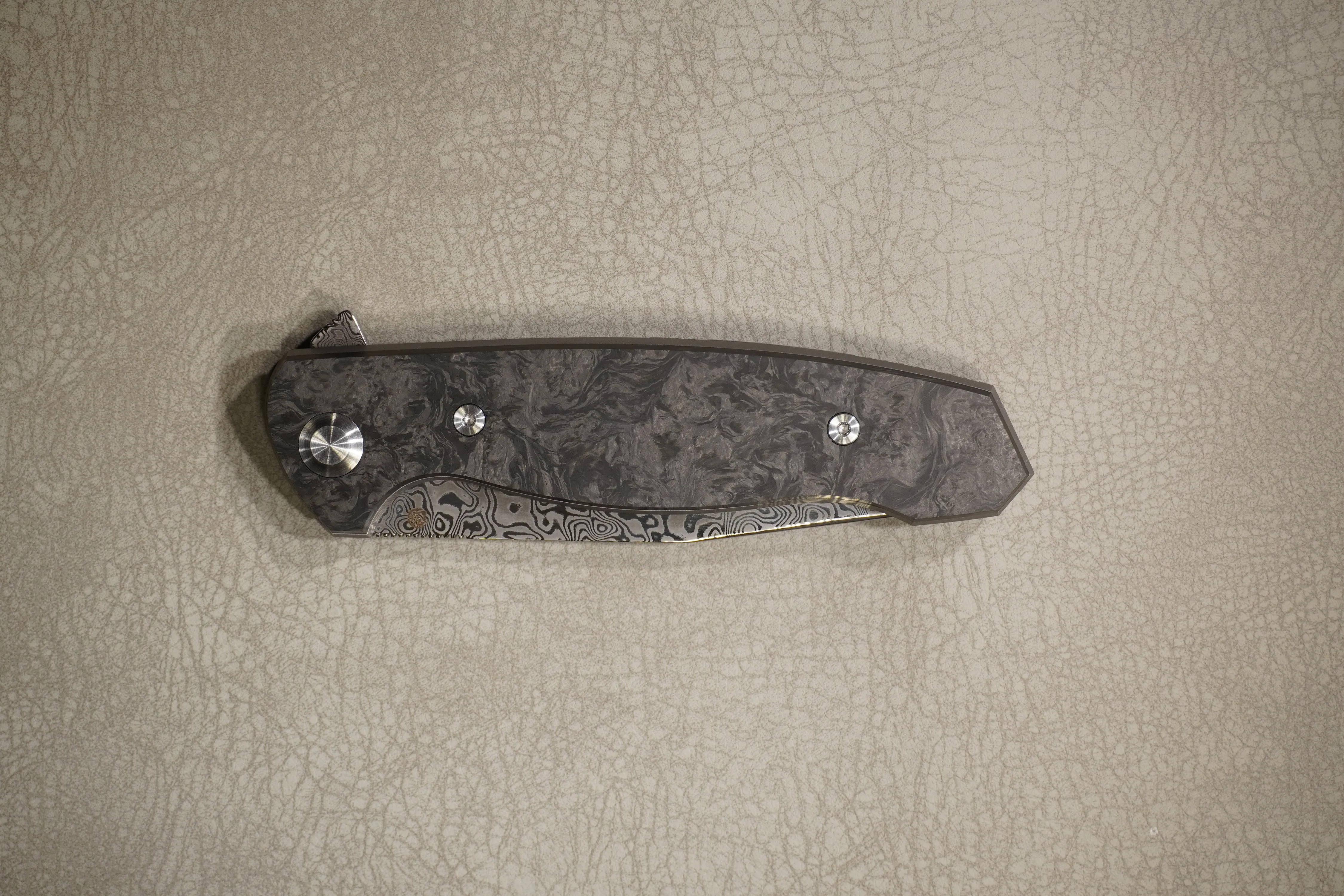 Cheburkov Knife Wolf with an Insert, Steel Damascus, Handle Marble Carbon, Gray Anodized Titanium