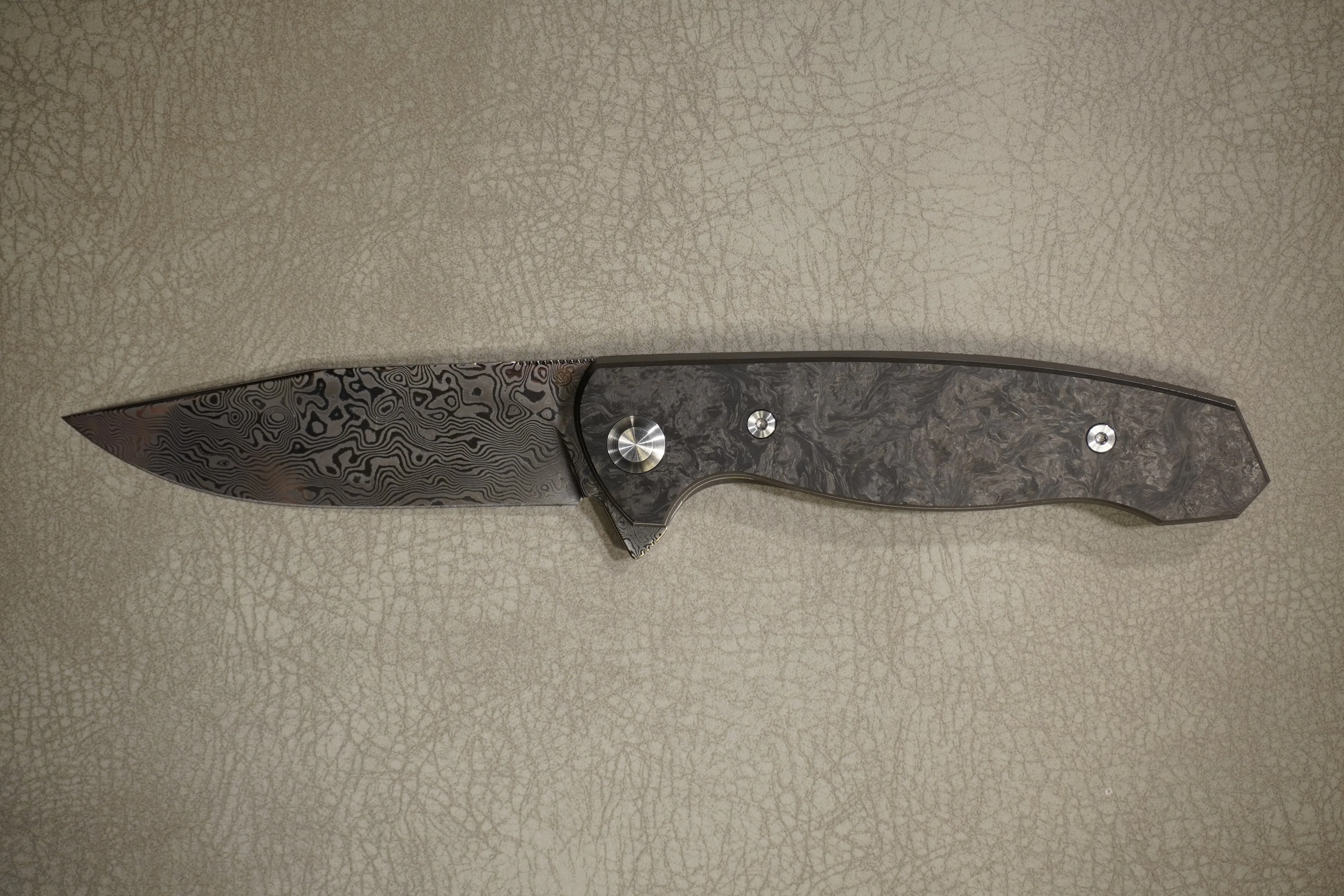 Cheburkov Knife Wolf with an Insert, Steel Damascus, Handle Marble Carbon, Gray Anodized Titanium