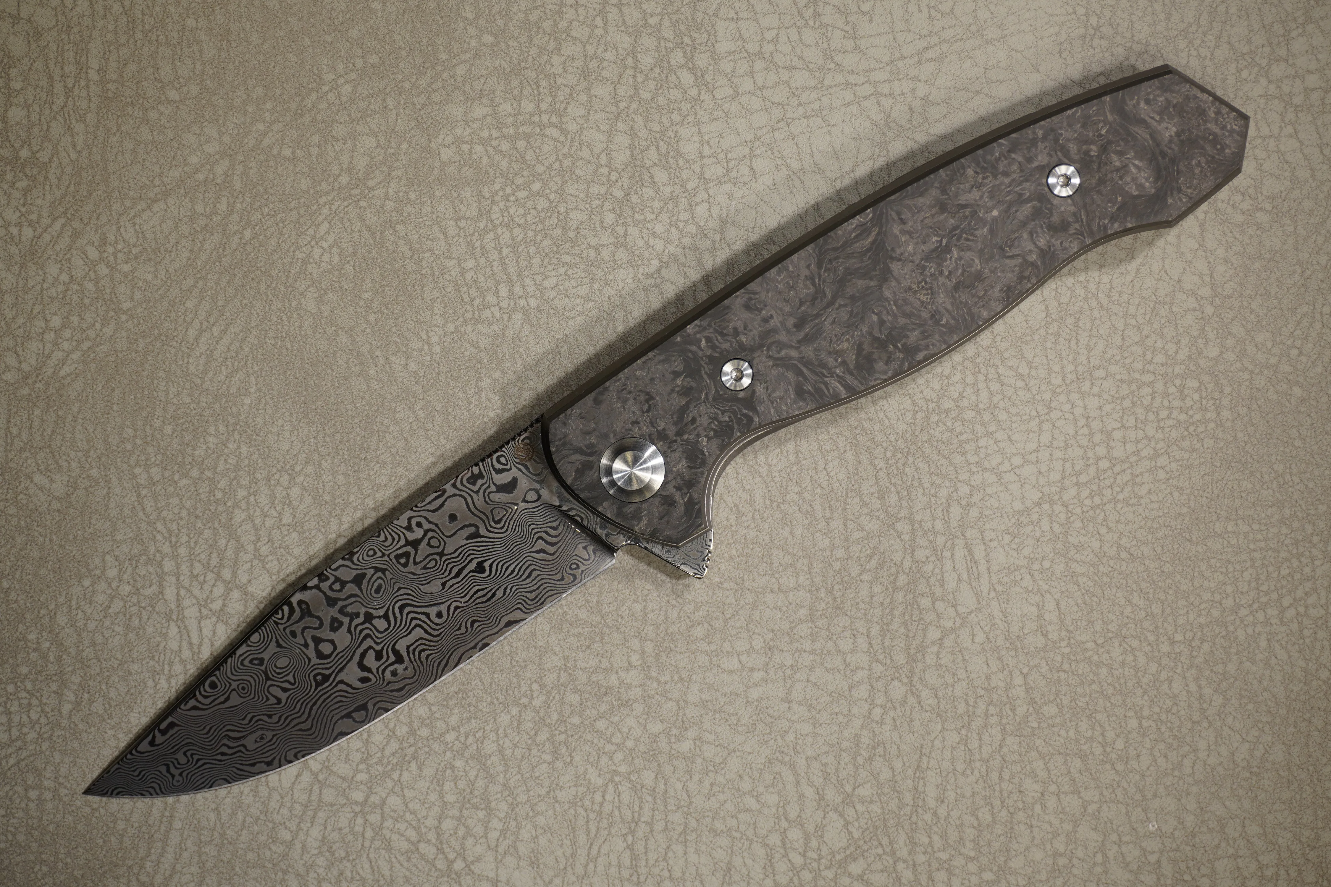 Cheburkov Knife Wolf with an Insert, Steel Damascus, Handle Marble Carbon, Gray Anodized Titanium