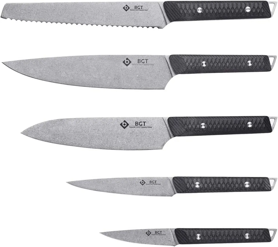 Chef Knife Set Kitchen Knives 6-Piece Sandvik Kitchen Knife Set with Roll Bag, G10 Handle for Chef Knife Set, Santoku Knife,Stonewash Blade