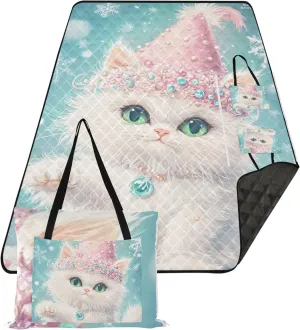 CHIFIGNO Cute White Cat Pink Hat Blue Beach Mat Sand Free Waterproof Foldable Mat Picnic Blanket Print Outside Blankets for Grass 80" x 60"
