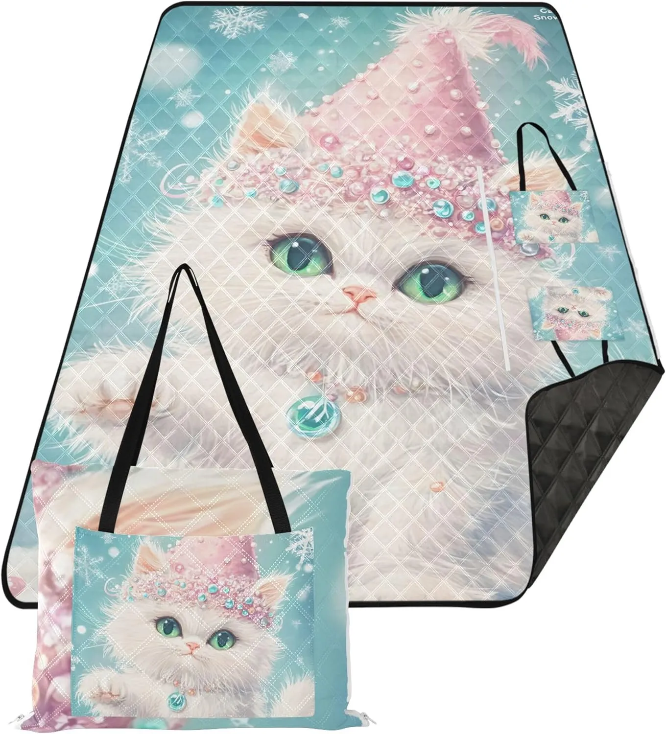 CHIFIGNO Cute White Cat Pink Hat Blue Beach Mat Sand Free Waterproof Foldable Mat Picnic Blanket Print Outside Blankets for Grass 80" x 60"