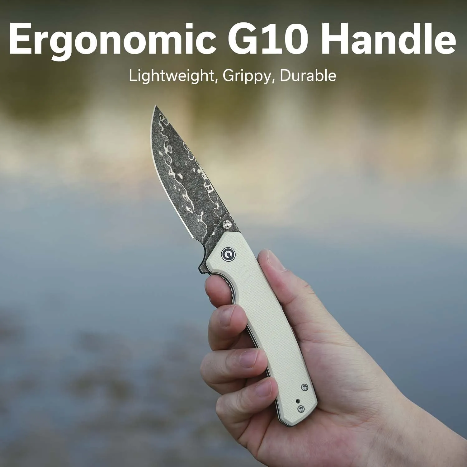 CIVIVI Merit Pocket Knife, Folding Knife with 3.28" Damascus Blade G10 Handle, Lightweight EDC Knife with Reversible Pocket Clip for Camping Hiking Indoor & Outdoor, C24012-DS1, Ivory
