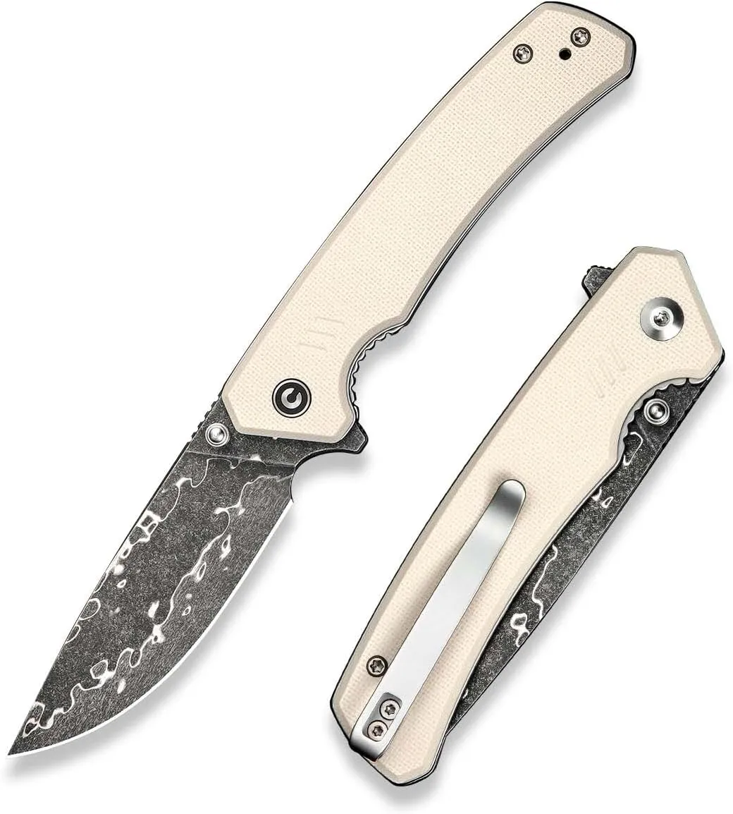 CIVIVI Merit Pocket Knife, Folding Knife with 3.28" Damascus Blade G10 Handle, Lightweight EDC Knife with Reversible Pocket Clip for Camping Hiking Indoor & Outdoor, C24012-DS1, Ivory