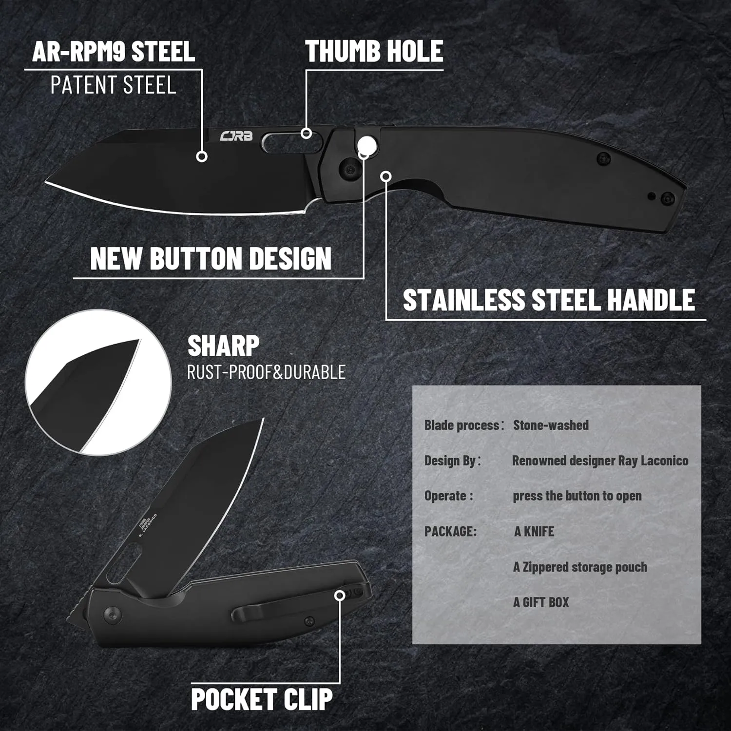 CJRB Pocket EDC Knife Ekko(J1929) Button Lock Small Folding Knife AR-RPM9 Steel Blade and Black PVD Stainless Steel Handle Outdoor for Men Women for Gifts