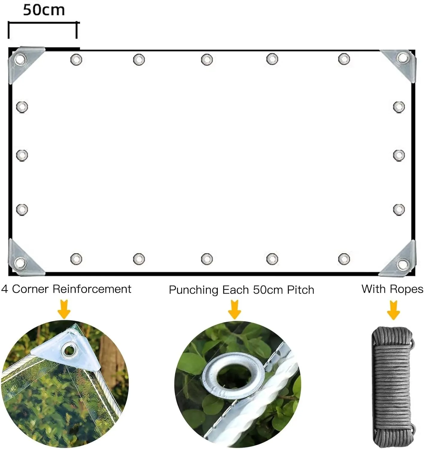 Clear Tarps Heavy Duty PVC, Transparent Tarp Durable Waterproof Dustproof Windproof, Tarpaulin with Grommets & Ropes for Greenhouse, Patio, Garden, Pavilion, Chicken, Porch, Outdoor（8' x 12'）