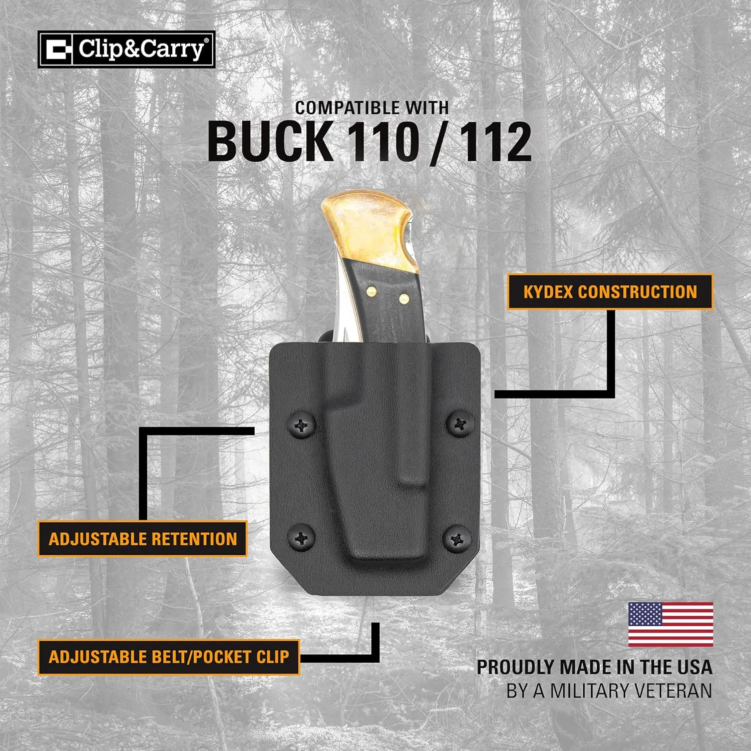 Clip & Carry Kydex Sheath for the Buck 110 & Buck 112 Folding Pocket Knife - Made in USA - Belt Holster Case - Orange