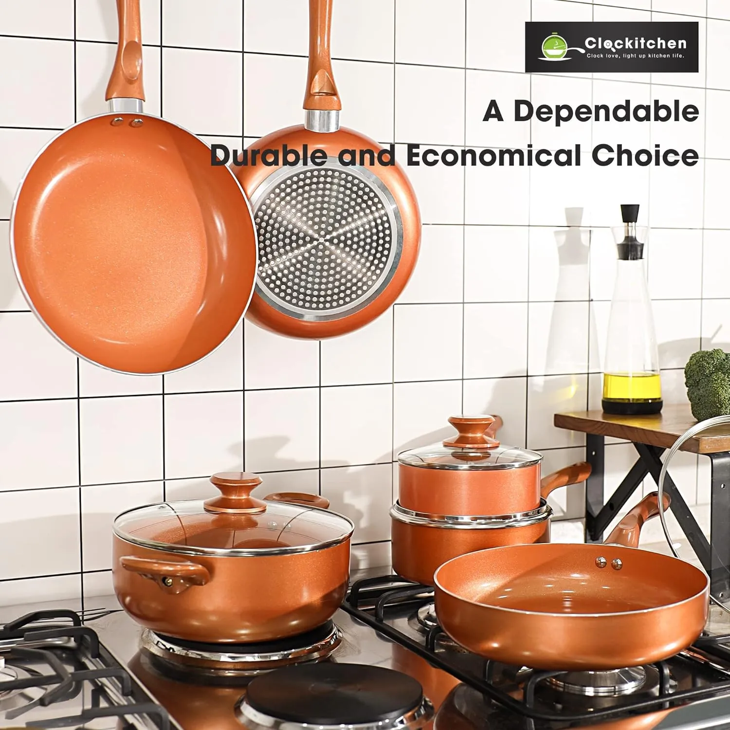 Clockitchen Non Stick Pots and Pan Set, 10pcs Cookware Set with Ceramic Coating, Non-toxic Cooking Pot, Compatible with All Stoves, Copper