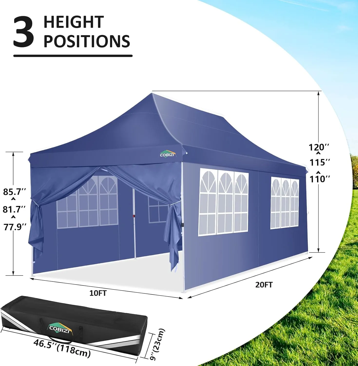 COBIZI 10x20ft Pop Up Canopy Tent with 6 Removable Sidewalls, Easy Up Commercial Canopy, Waterproof and UV50  Gazebo with Portable Bag, Adjustable Leg Heights,Party Tents for Parties, with 4 Sandbags