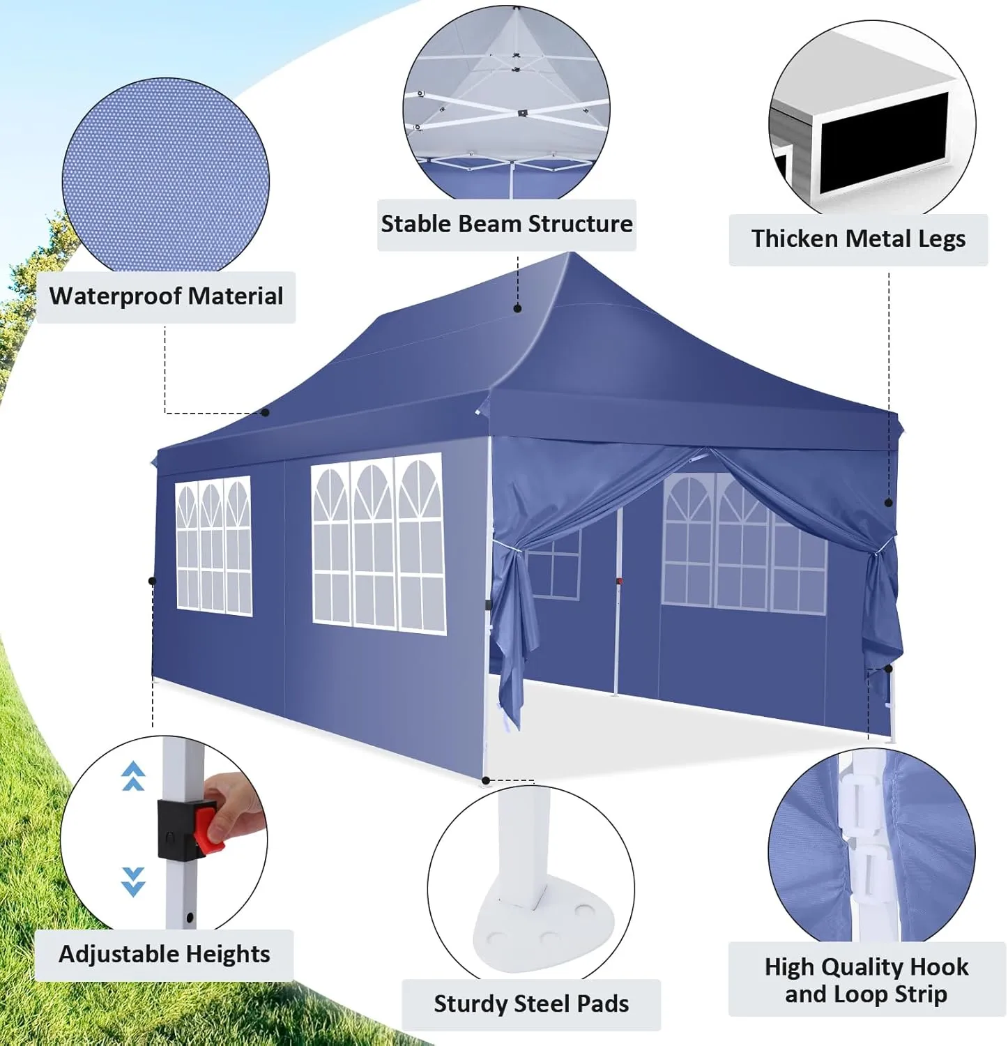 COBIZI 10x20ft Pop Up Canopy Tent with 6 Removable Sidewalls, Easy Up Commercial Canopy, Waterproof and UV50  Gazebo with Portable Bag, Adjustable Leg Heights,Party Tents for Parties, with 4 Sandbags