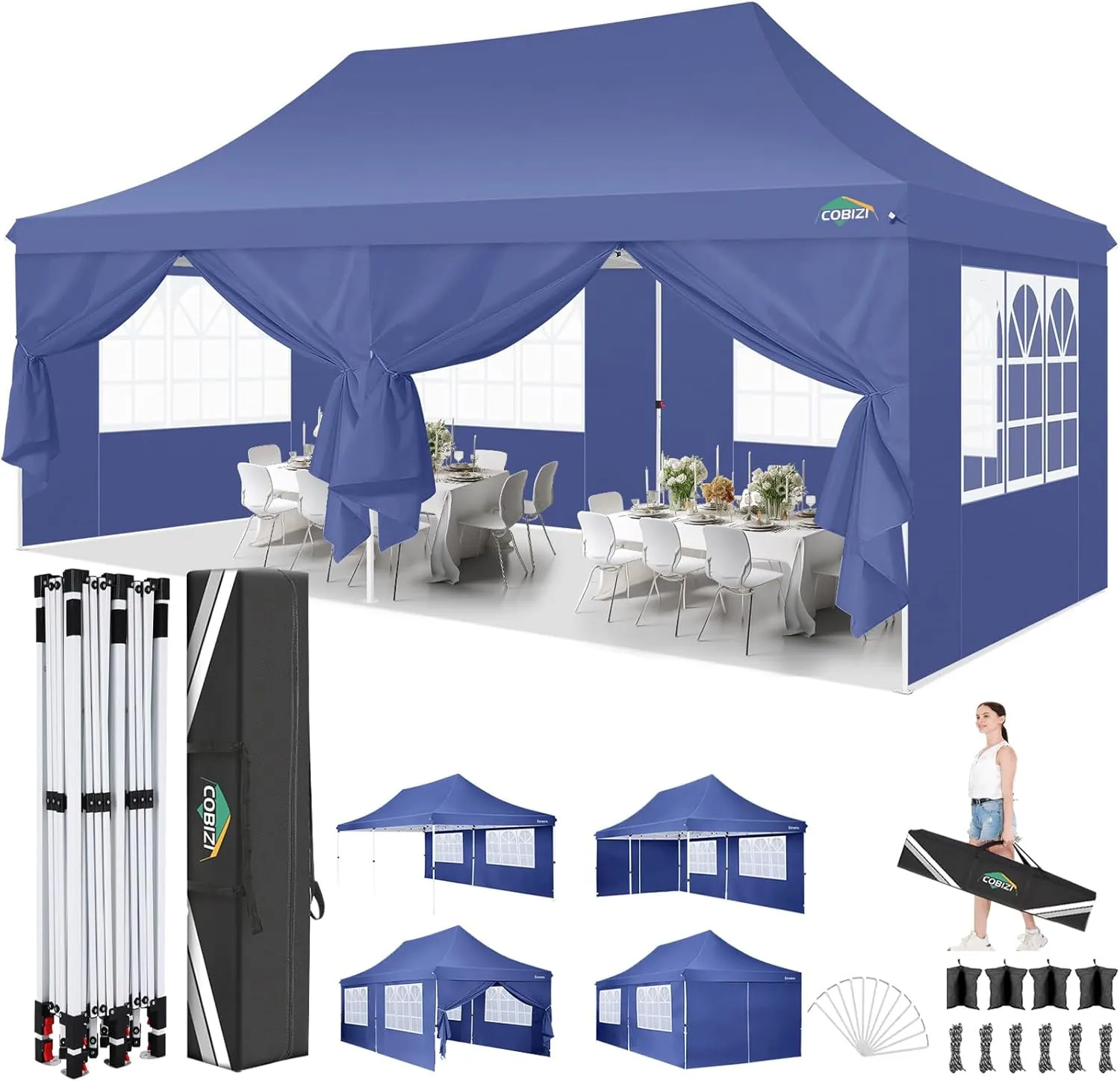 COBIZI 10x20ft Pop Up Canopy Tent with 6 Removable Sidewalls, Easy Up Commercial Canopy, Waterproof and UV50  Gazebo with Portable Bag, Adjustable Leg Heights,Party Tents for Parties, with 4 Sandbags