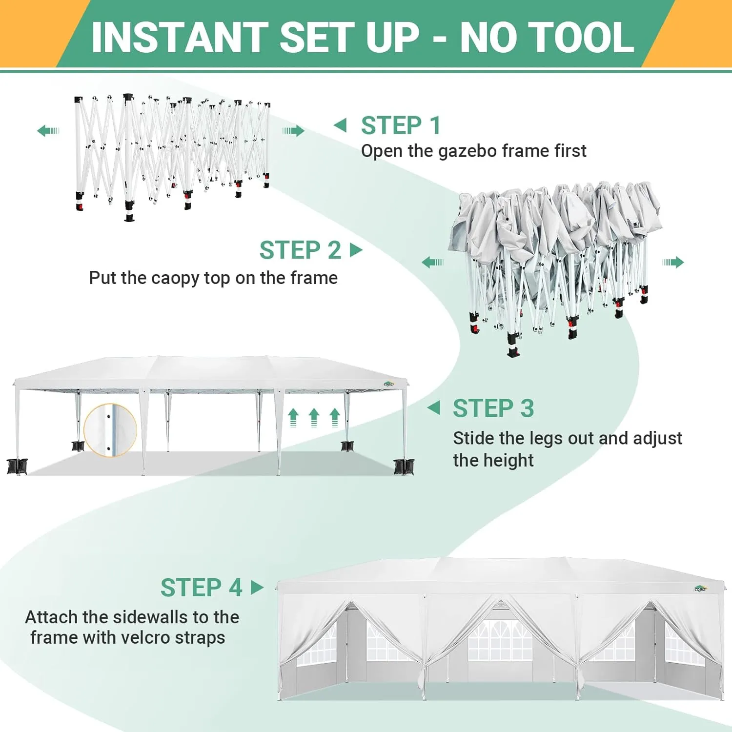 COBIZI 10x30 Canopy Party Tent with 8 Walls 10x30 Pop Up Tent for Parties Waterproof UPF 50  Outdoor Commercial Event Tent for Party Backyard Gazebo Canopy with Sidewalls & Sandbags(White,10x30ft.