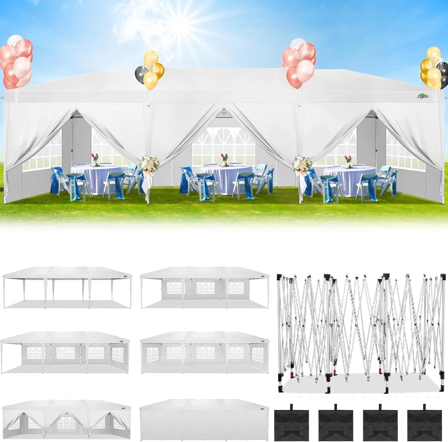 COBIZI 10x30 Canopy Party Tent with 8 Walls 10x30 Pop Up Tent for Parties Waterproof UPF 50  Outdoor Commercial Event Tent for Party Backyard Gazebo Canopy with Sidewalls & Sandbags(White,10x30ft.