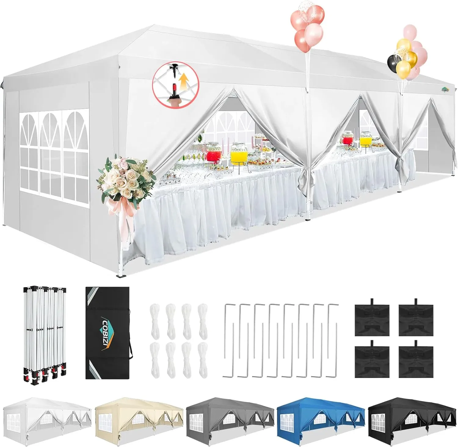 COBIZI 10x30 Canopy Party Tent with 8 Walls 10x30 Pop Up Tent for Parties Waterproof UPF 50  Outdoor Commercial Event Tent for Party Backyard Gazebo Canopy with Sidewalls & Sandbags(White,10x30ft.